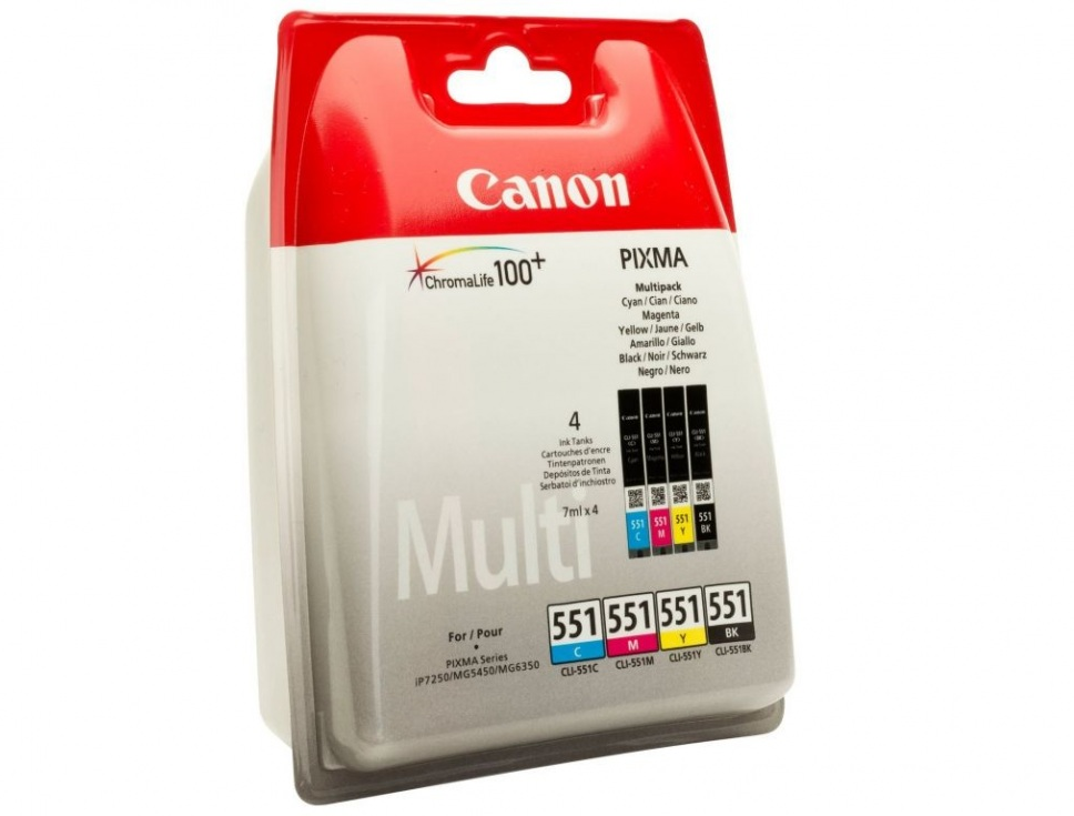Tusz Canon 6509B008 (CLI-551), 4x350 stron, CMYK cyan (błękitny), magenta (purpurowy), yellow (żółty), black (czarny)