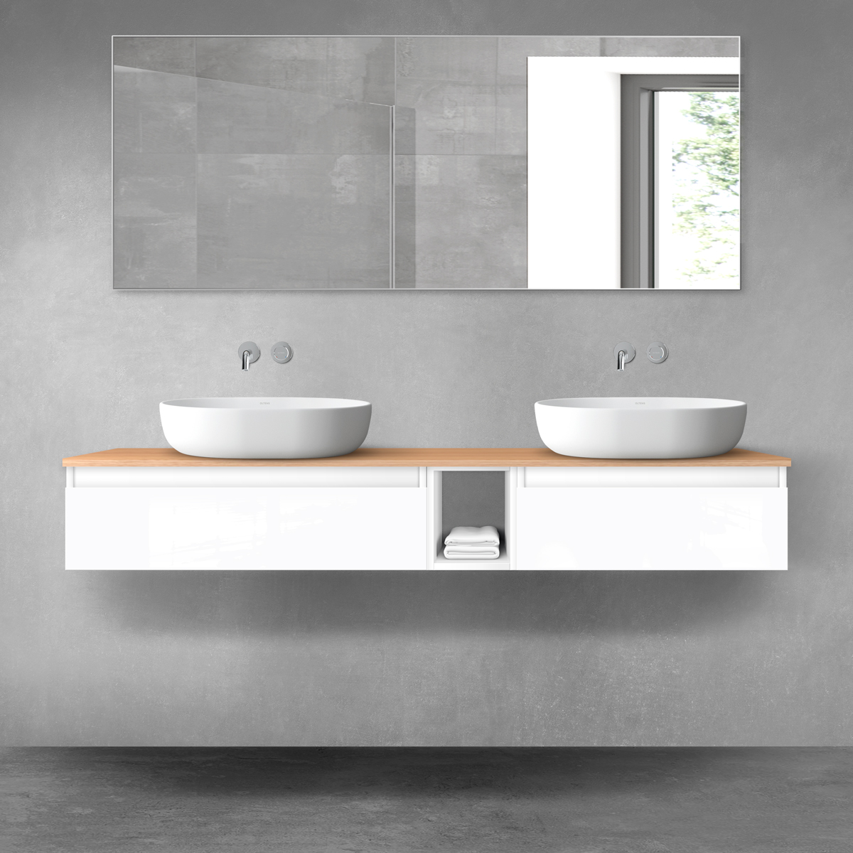 Oltens Vernal zestaw mebli łazienkowych 160 cm z blatem biały połysk/dąb 68654000 - Wysyłka w 24h