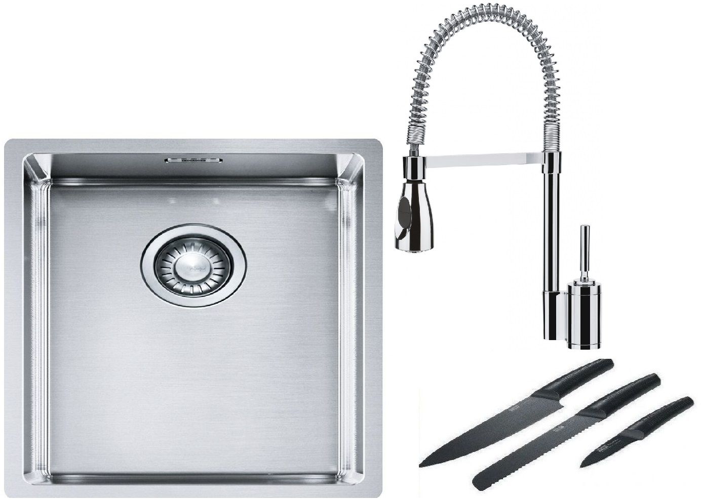 Franke Box BXX 210/110-34 zlewozmywak 38x45 cm stalowy z baterią kuchenną Sentinel chrom i zestawem noży kuchennych (1270453653, ...