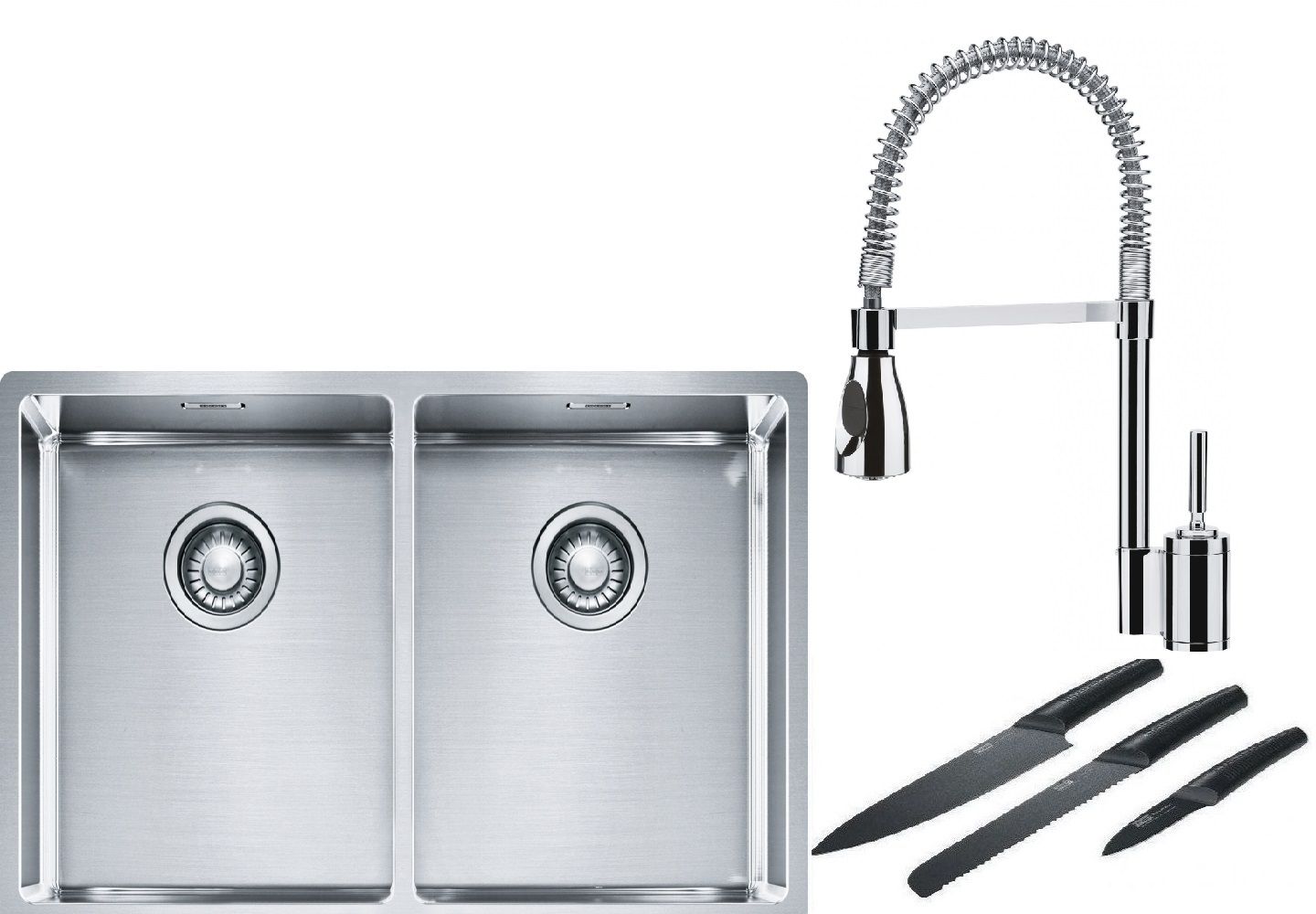 Franke Box BXX 220/120 34-34 zlewozmywak 74x45 cm stalowy z baterią kuchenną Sentinel chrom i zestawem noży kuchennych (1270370188, ...