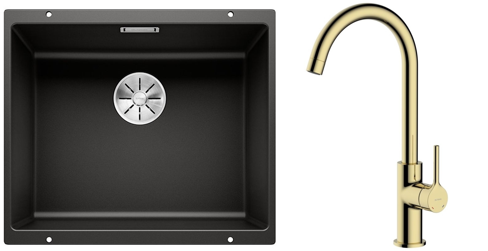 Zestaw Blanco Subline 500-U zlewozmywak granitowy 53x46 cm z baterią kuchenną Oltens Skafta czarny mat/złoty połysk (35206800, 525995) - Wysyłka w 24h