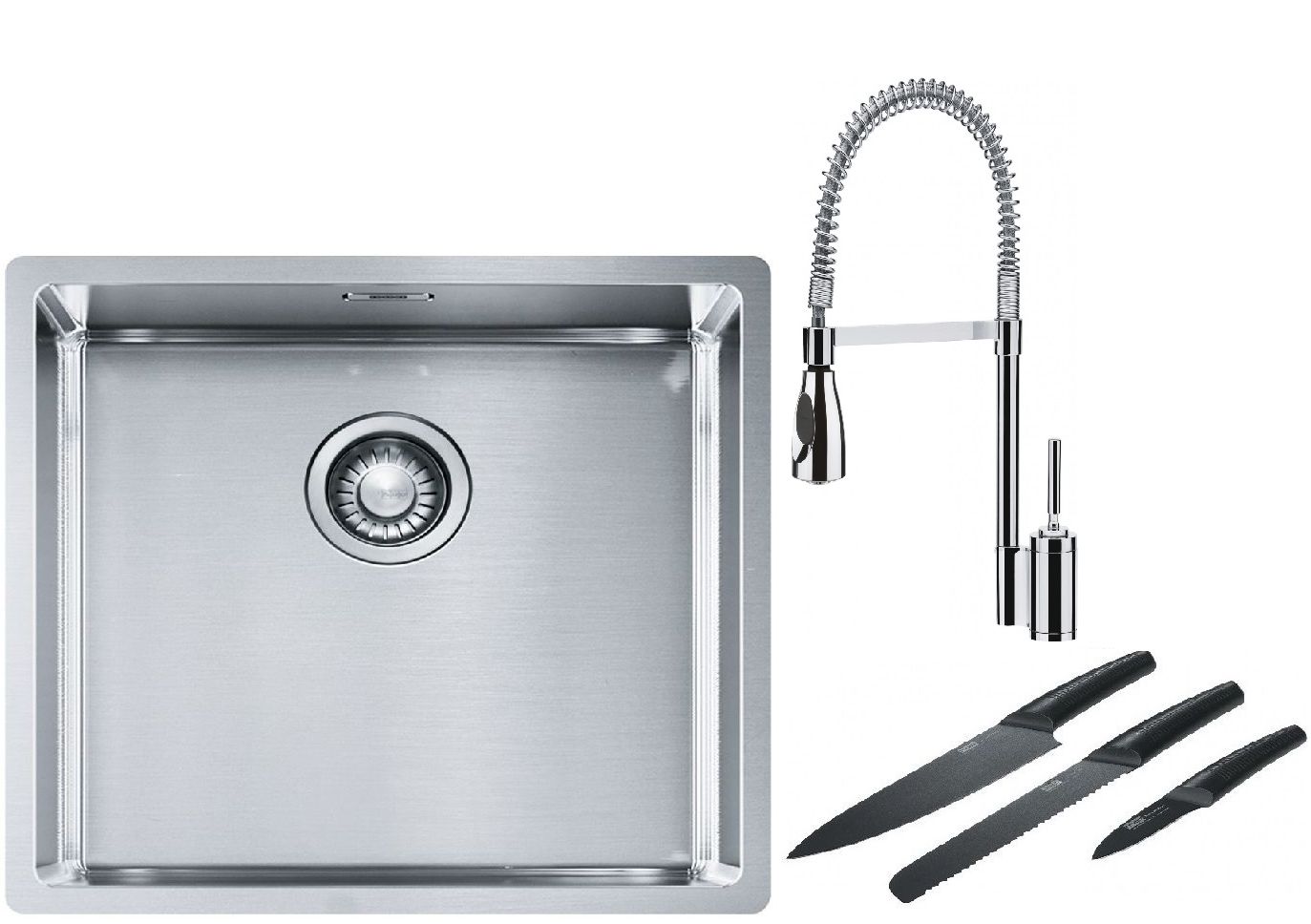 Franke Box BXX 210/110-45 zlewozmywak 49x45 cm stalowy z baterią kuchenną Sentinel chrom i zestawem noży kuchennych (1270453655, ...