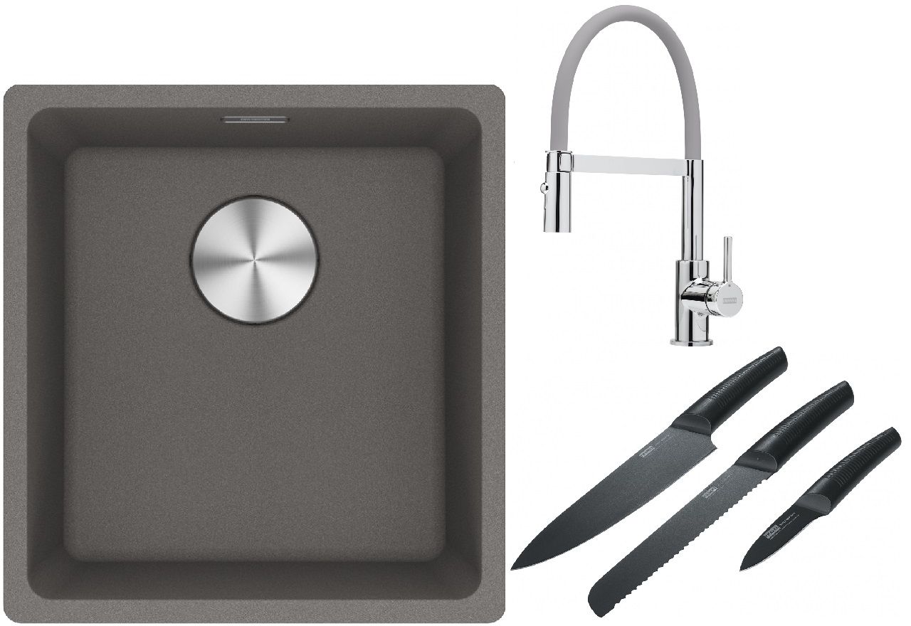 Franke Maris MRG 110-37 zlewozmywak 40x37 cm Fragranite kamienny szary z baterią kuchenną Lina chrom/szary i zestawem noży kuchennych ...