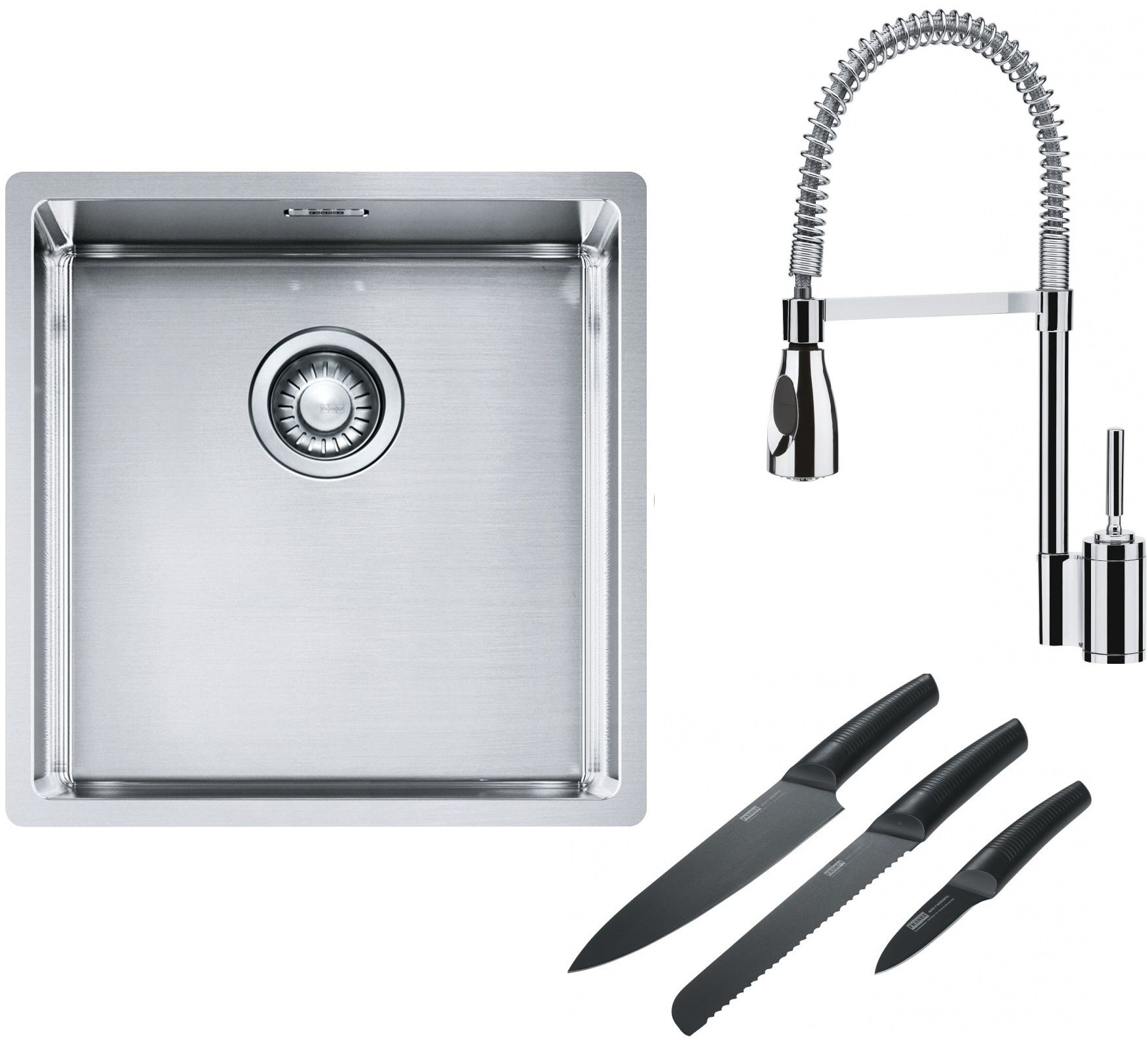 Franke Box BXX 210/110-40 zlewozmywak 45x44 cm stalowy z baterią kuchenną Sentinel chrom i zestawem noży kuchennych (1270453654, ...