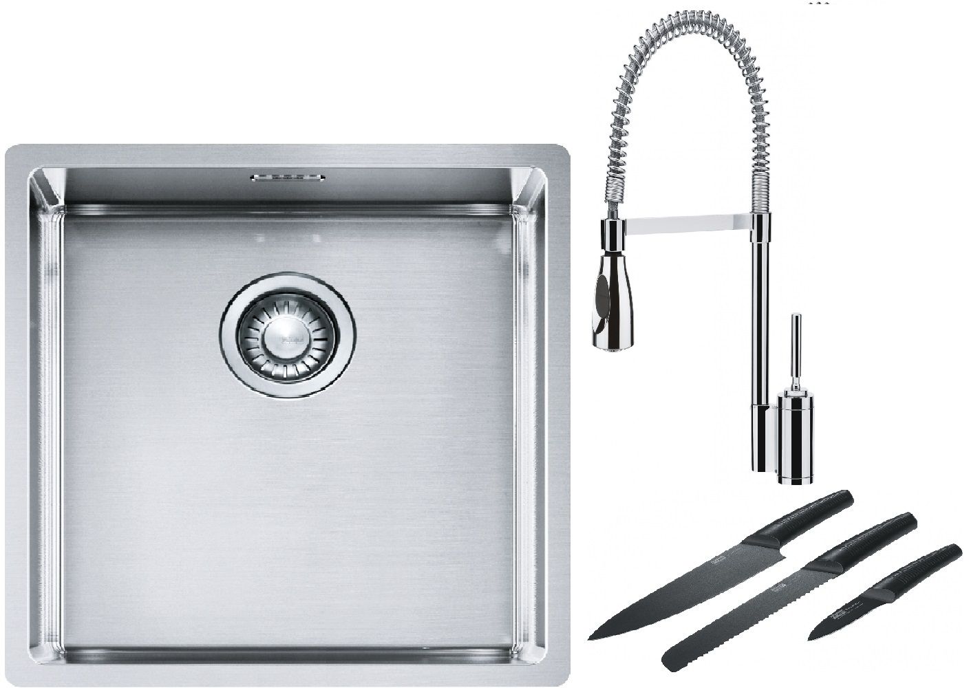 Franke Box BXX 210/110-40 zlewozmywak 45x44 cm stalowy z baterią kuchenną Sentinel chrom i zestawem noży kuchennych (1270453654, ...