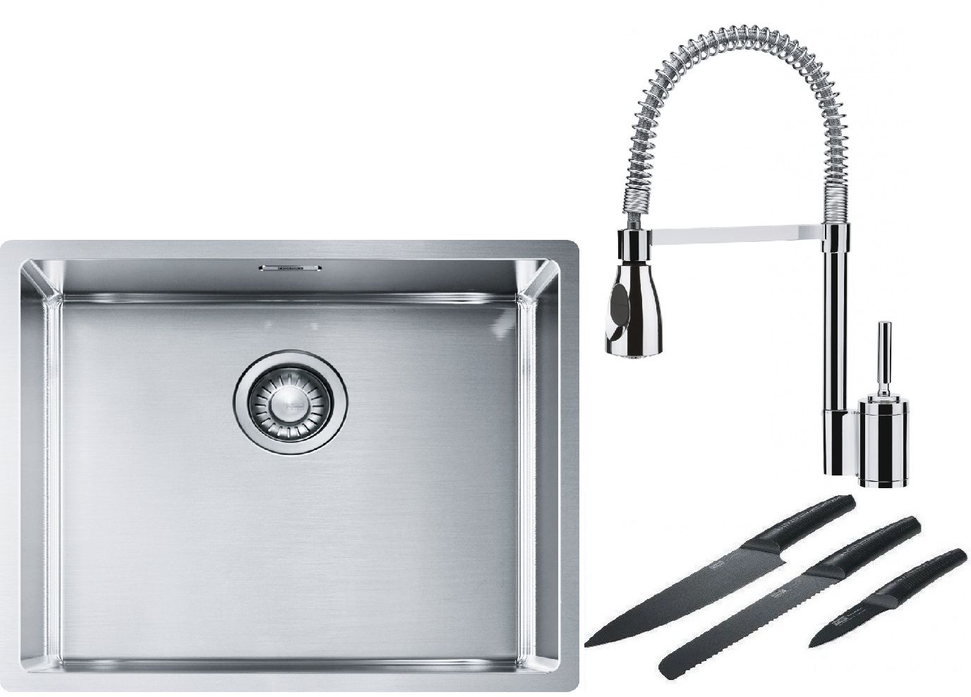 Franke Box BXX 110-50/BXX 210-50 zlewozmywak 54x45 cm stalowy z baterią kuchenną Sentinel chrom i zestawem noży kuchennych (1270453656, ...