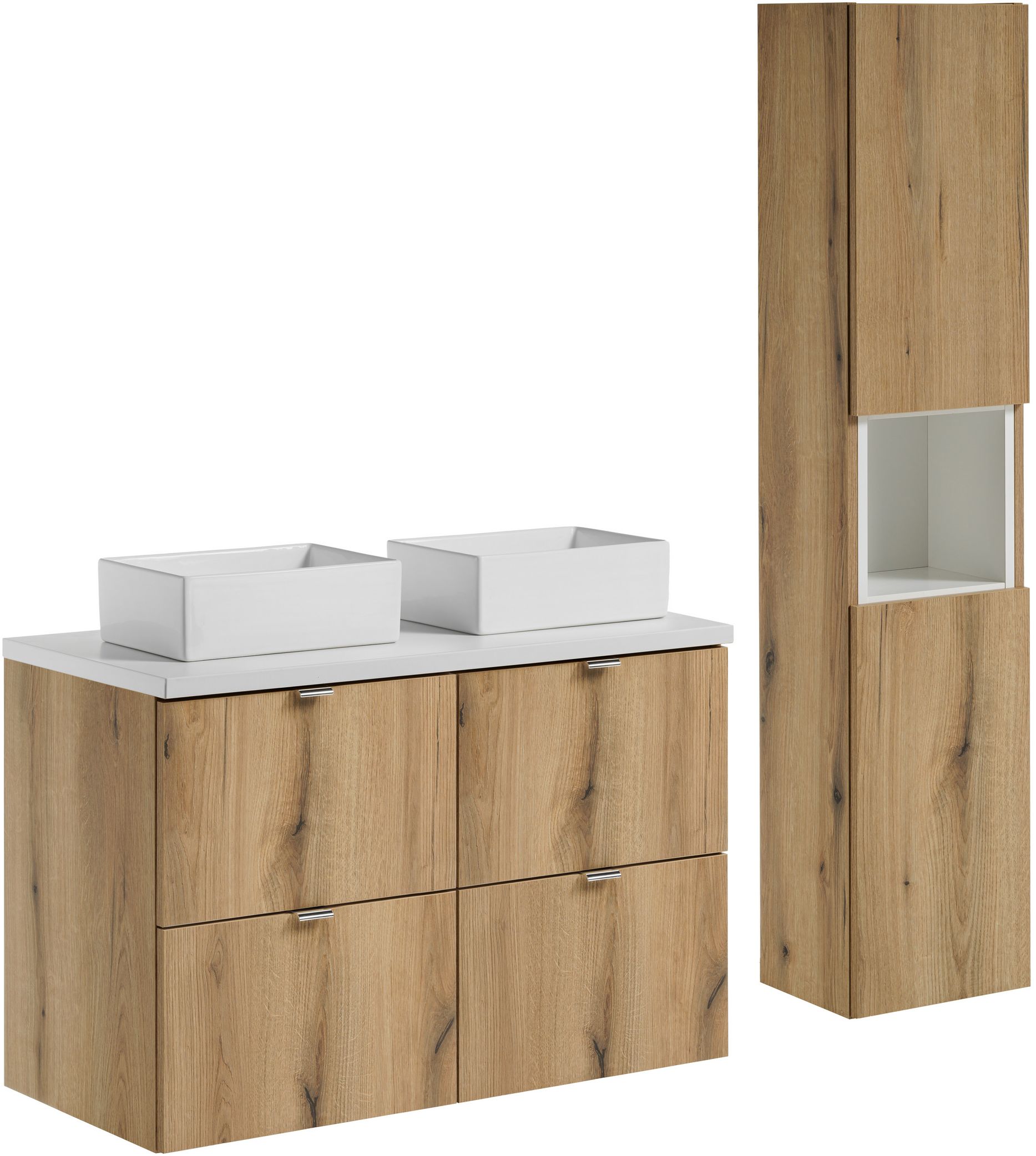 Zestaw meblowy Nova Oak szafka podumywalkowa 100 cm dąb z blatem białym, umywalkami i szafką wysoką SET-NOA B WHITE 100CM S UN GAJA SW ...