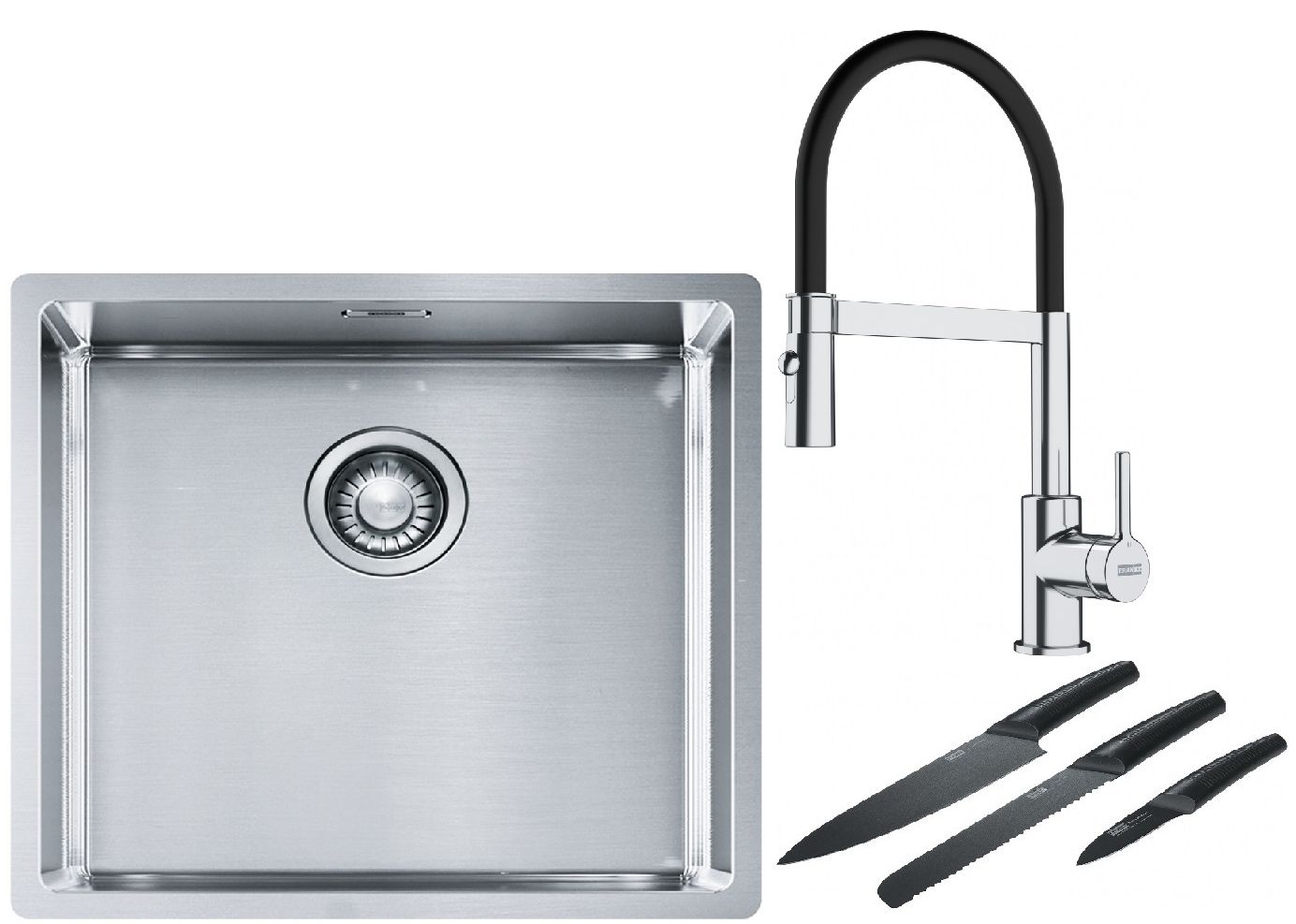 Franke Box BXX 210/110-45 zlewozmywak 49x45 cm stalowy z baterią kuchenną Lina chrom/czarny i zestawem noży kuchennych (1270453655, ...