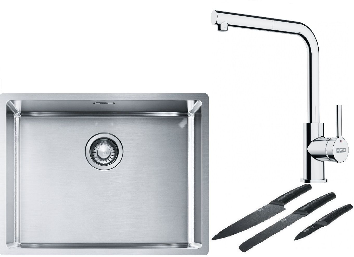 Franke Box BXX 110-54/ BXX 210-54 zlewozmywak 58x45 cm stalowy z baterią kuchenną Lina chrom i zestawem noży kuchennych (1270453660, ...