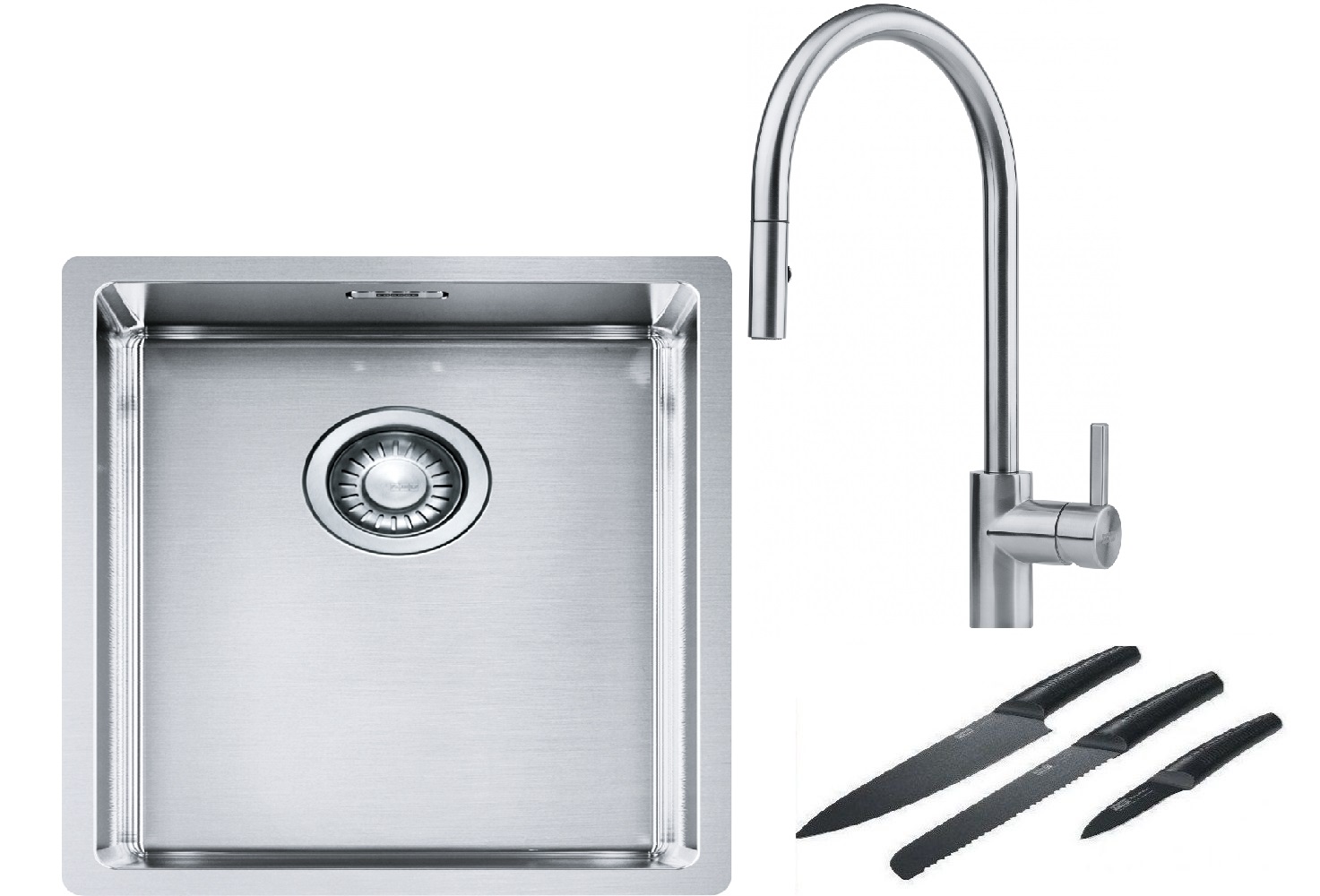 Franke Box BXX 210/110-34 zlewozmywak 38x45 cm stalowy z baterią kuchenną Eos stal szlachetna i zestawem noży kuchennych (1270453653, ...