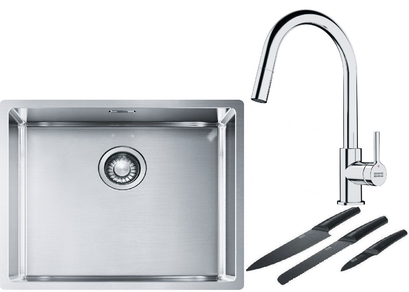 Franke Box BXX 110-50/BXX 210-50 zlewozmywak 54x45 cm stalowy z baterią kuchenną Lina chrom i zestawem noży kuchennych (1270453656, ...