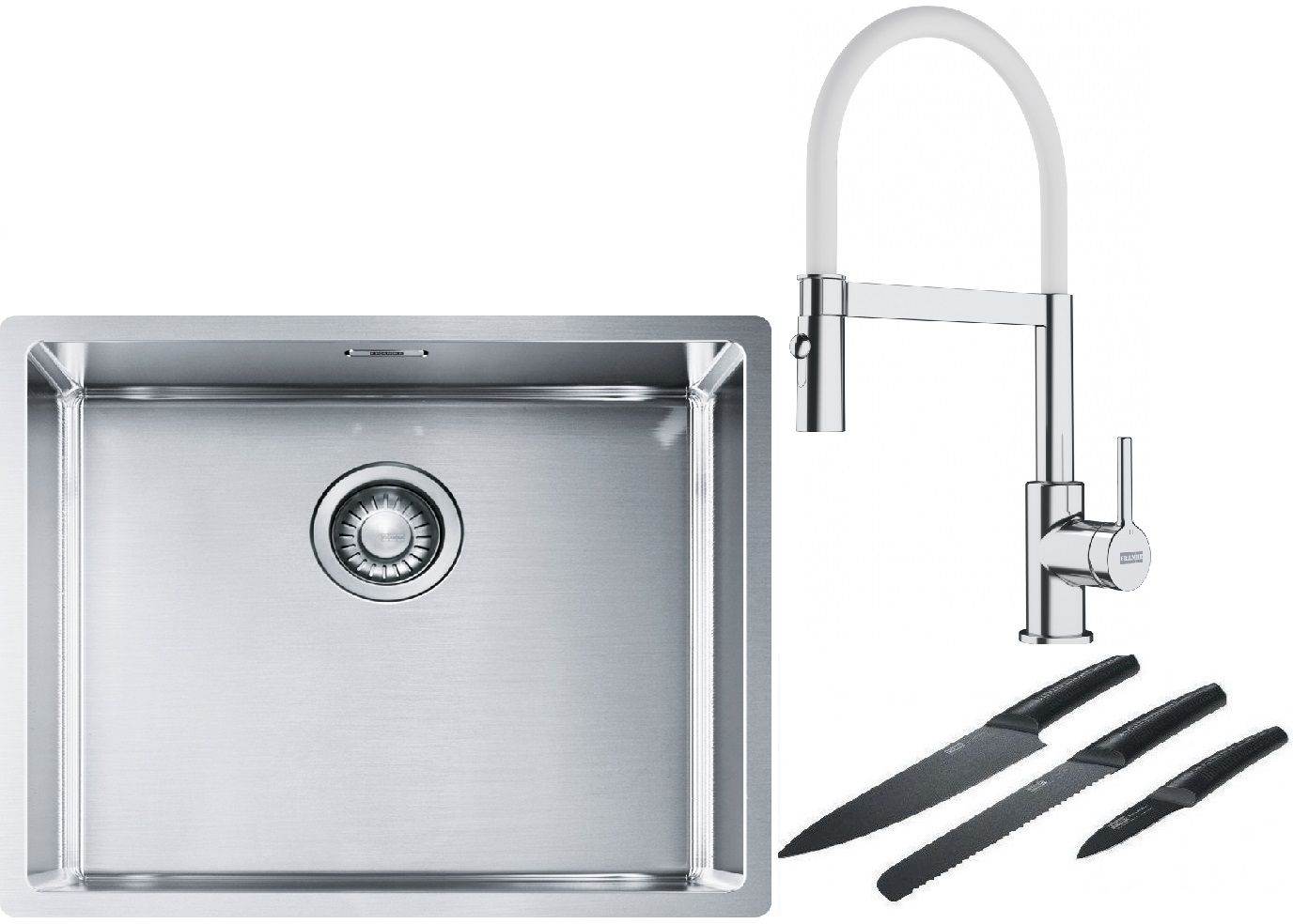 Franke Box BXX 110-50/BXX 210-50 zlewozmywak 54x45 cm stalowy z baterią kuchenną Lina chrom/biały i zestawem noży kuchennych ...