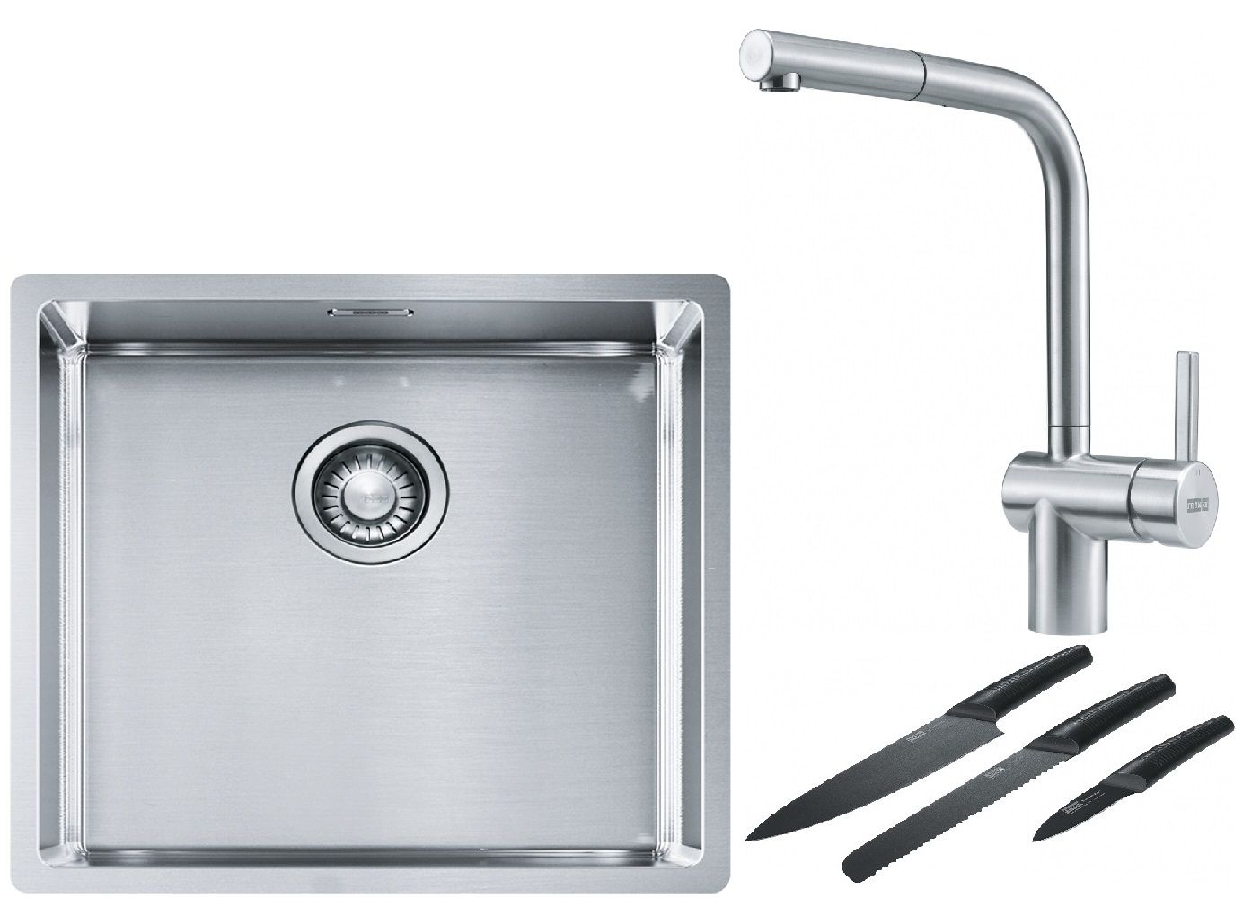 Franke Box BXX 210/110-45 zlewozmywak 49x45 cm stalowy z baterią kuchenną Atlas stal szlachetna i zestawem noży kuchennych (1270453655, ...
