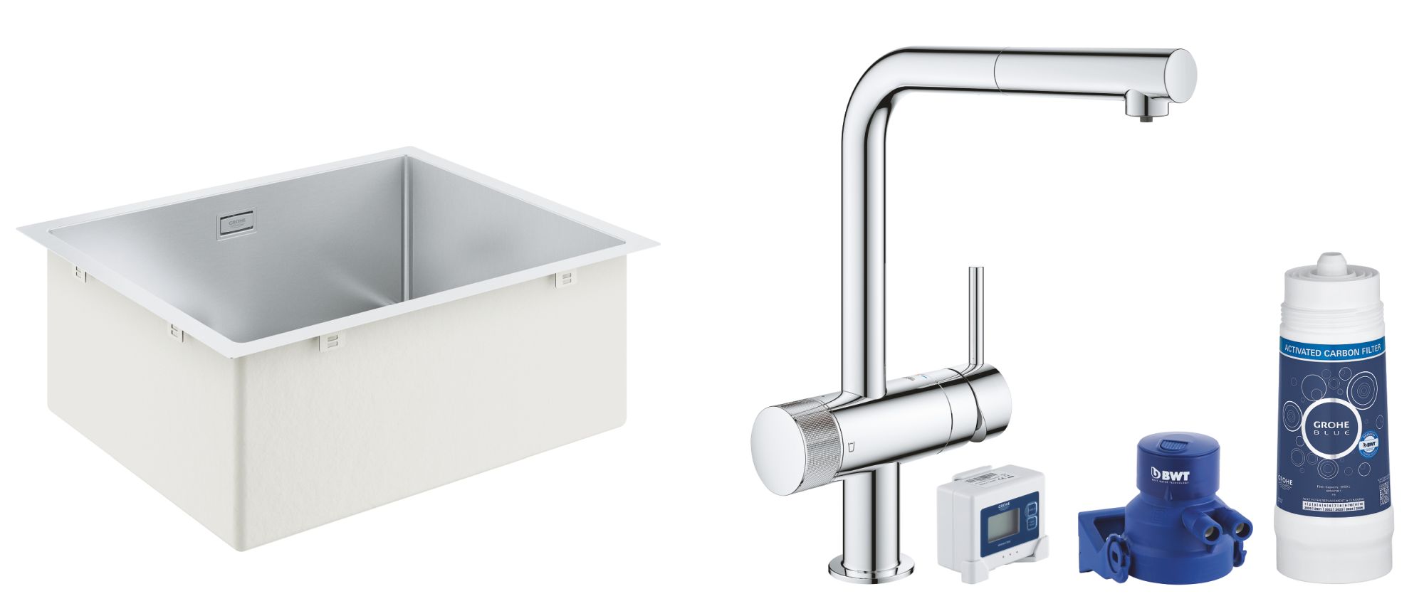 Zestaw Grohe K700 zlewozmywak 55x45 cm stal szlachetna z baterią kuchenną filtrującą Blue Home chrom (31726SD0, 31455001) - Wysyłka w 24h