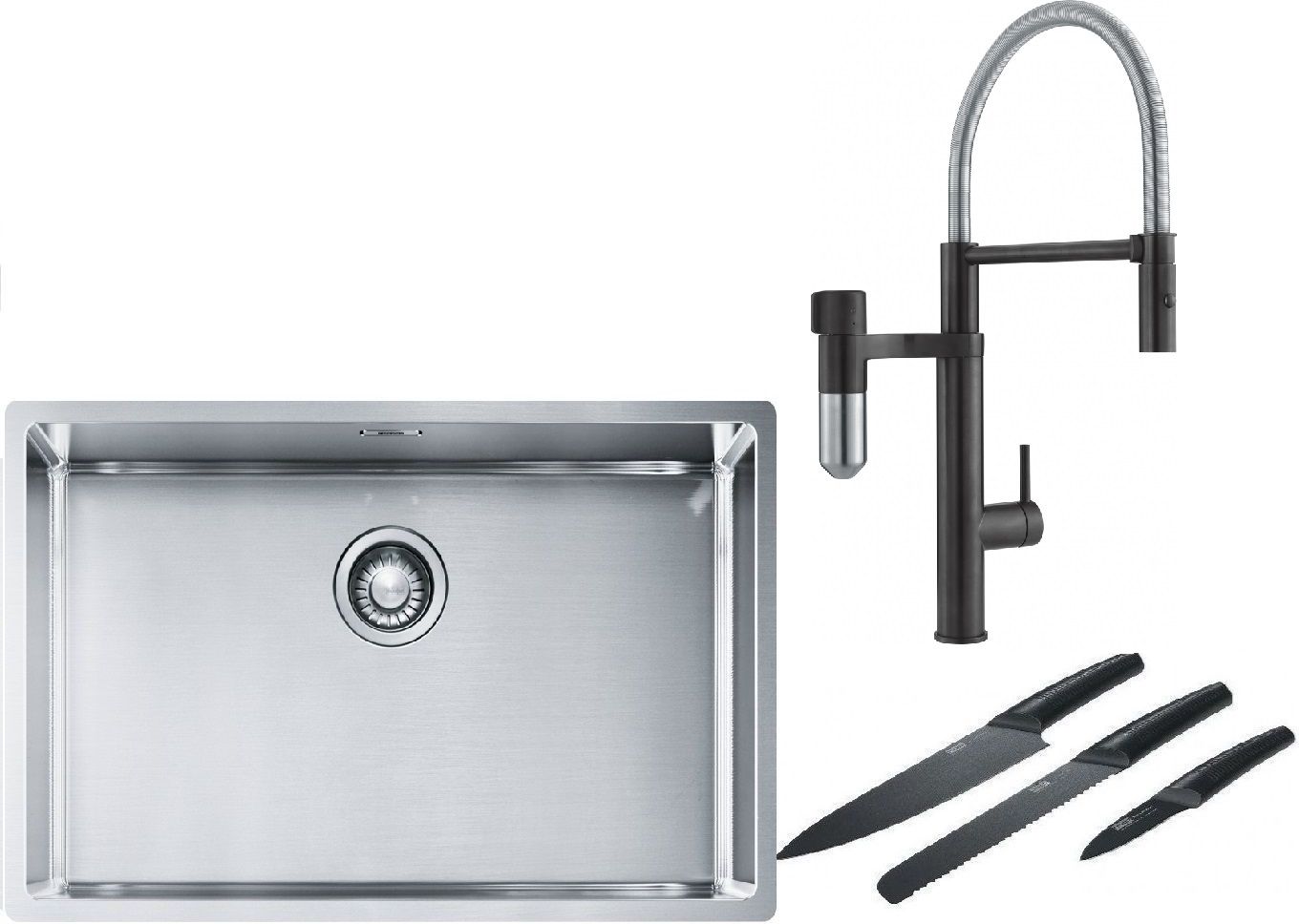 Franke Box BXX 210/110-68 zlewozmywak 72,5x45 cm stalowy z baterią kuchenną Vital Semi-Pro czarny mat/stal i zestawem noży kuchennych ... - Wysyłka w 