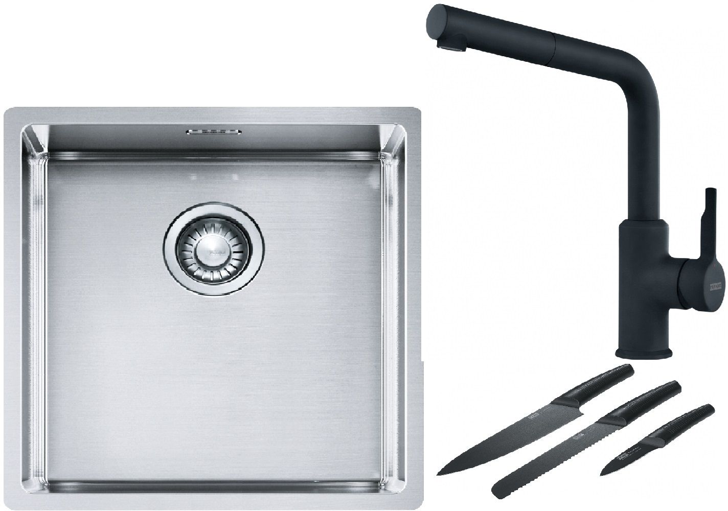 Franke Box BXX 210/110-40 zlewozmywak 45x44 cm stalowy z baterią kuchenną Urban czarny mat i zestawem noży kuchennych (1270453654, ...
