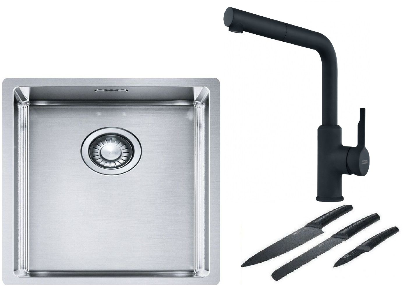 Franke Box BXX 210/110-34 zlewozmywak 38x45 cm stalowy z baterią kuchenną Urban czarny mat i zestawem noży kuchennych (1270453653, ...