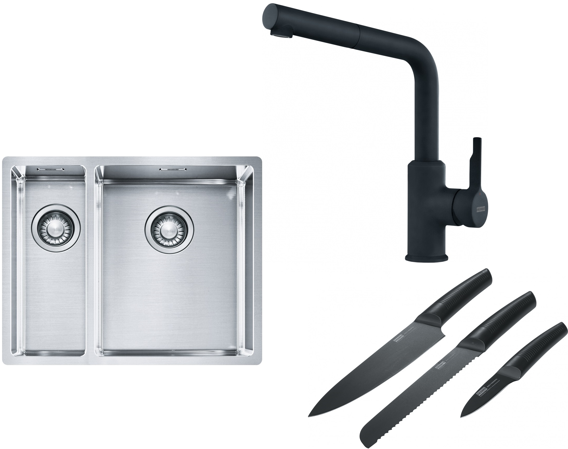 Franke Box BXX 260/160-34-16 zlewozmywak 56x45 cm stalowy z baterią kuchenną Urban czarny mat i zestawem noży kuchennych (1270369916, ... - Wysyłka w 