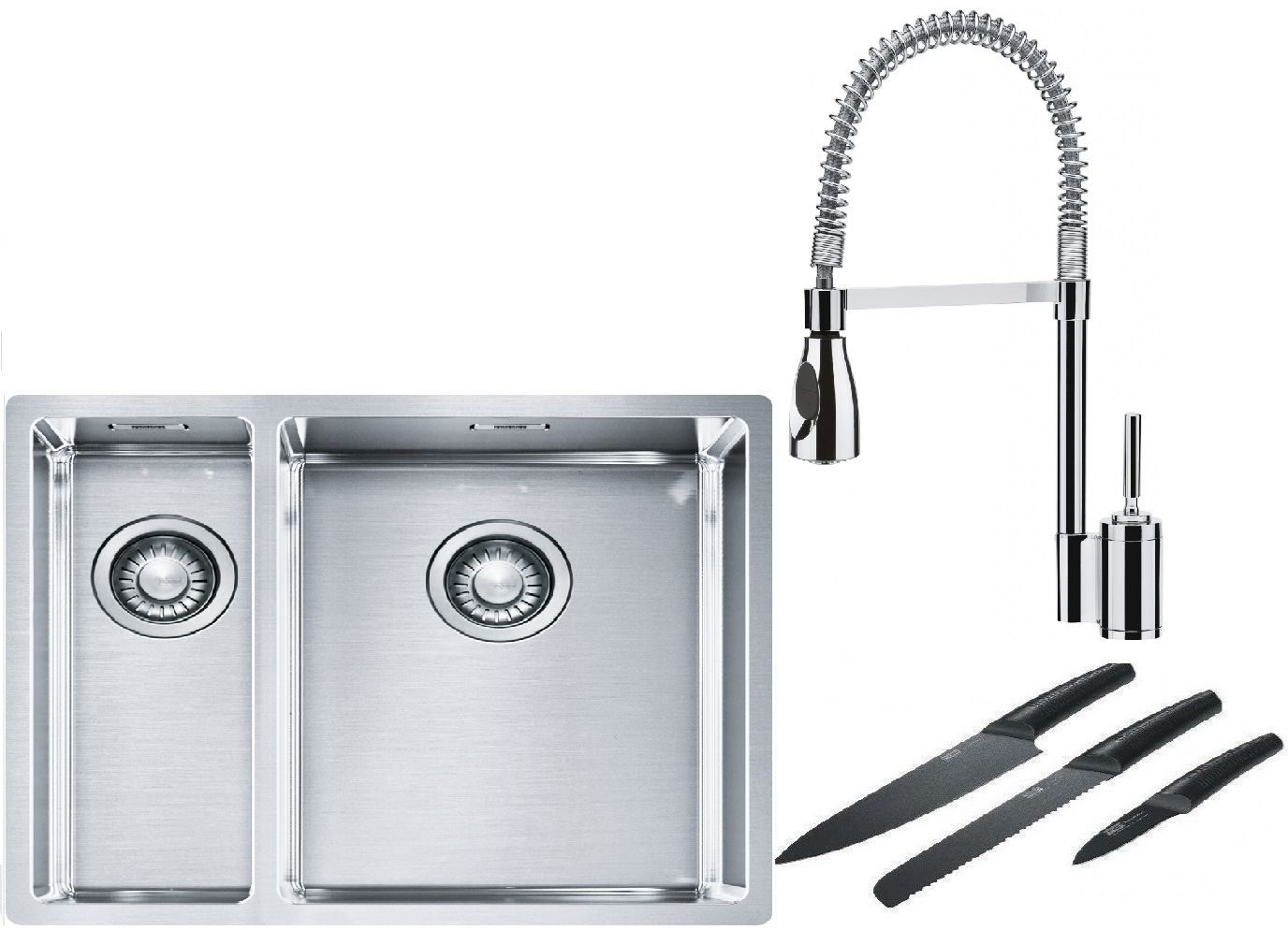 Franke Box BXX 260/160-34-16 zlewozmywak 56x45 cm stalowy z baterią kuchenną Sentinel chrom i zestawem noży kuchennych (1270369916, ...