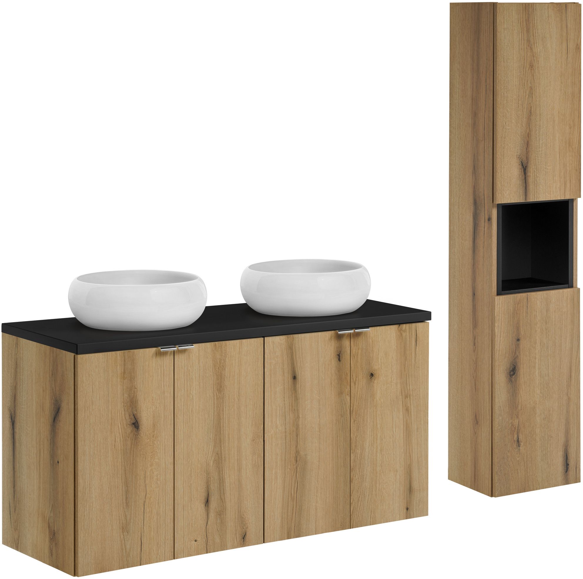Zestaw meblowy Nova Oak szafka podumywalkowa 120 cm dąb z blatem czarnym, umywalkami i szafką boczną SET-NOA B BLACK 120CM D UN WIKI SW ...