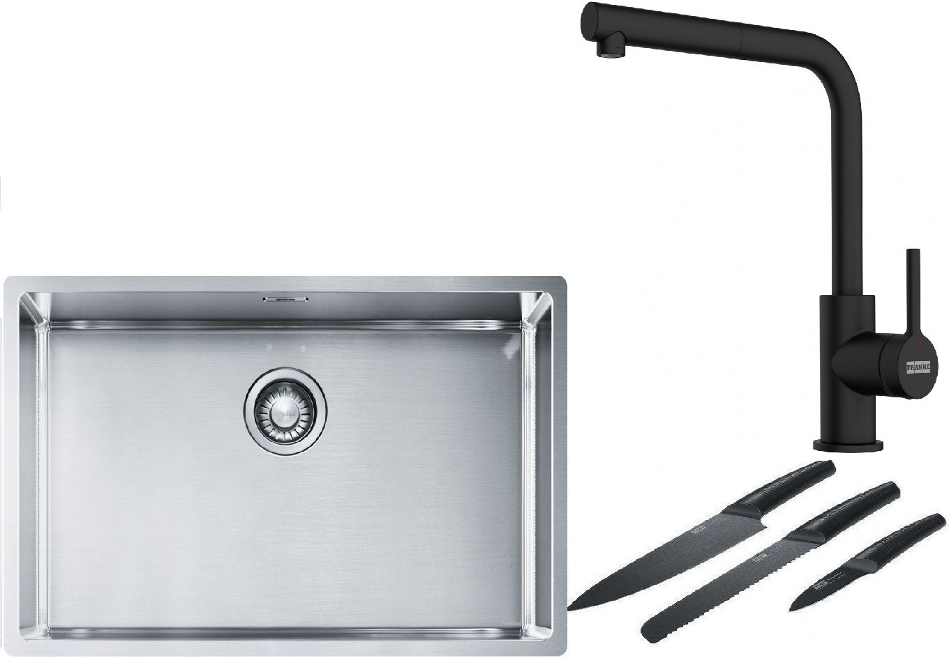 Franke Box BXX 210/110-68 zlewozmywak 72,5x45 cm stalowy z baterią kuchenną Lina czarny mat i zestawem noży kuchennych (1270453658, ...