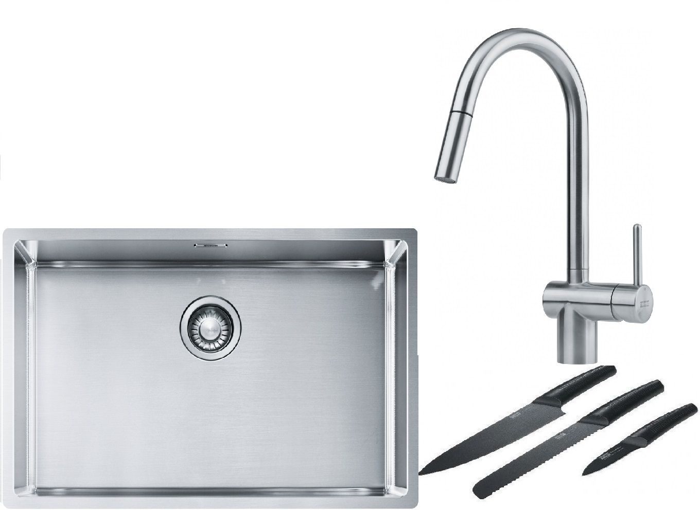 Franke Box BXX 210/110-68 zlewozmywak 72,5x45 cm stalowy z baterią kuchenną Leda Neo stal szlachetna i zestawem noży kuchennych ... - Wysyłka w 24h