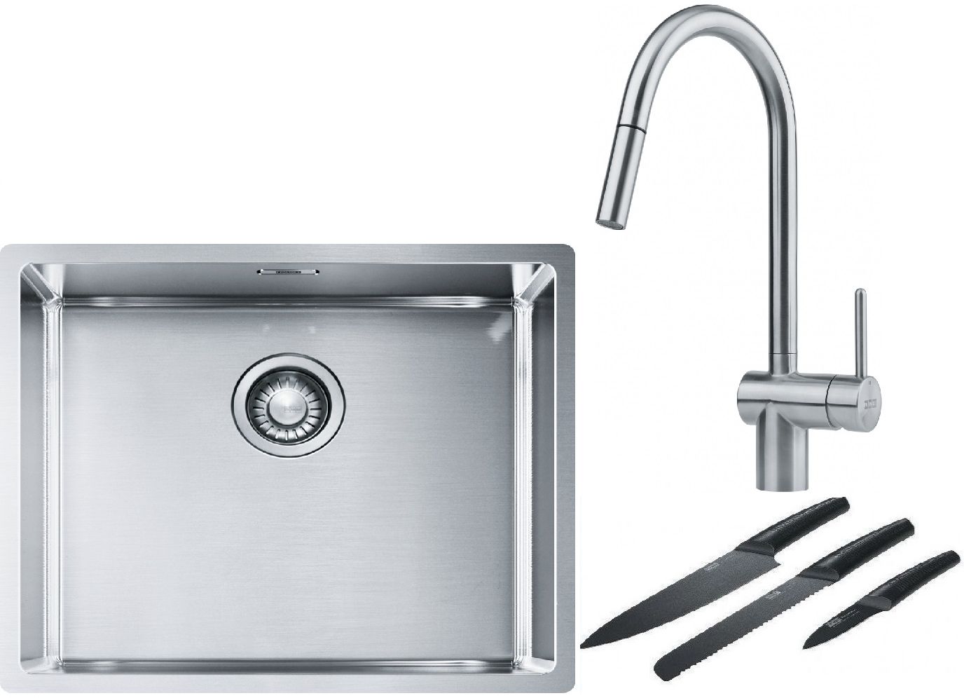Franke Box BXX 110-50/BXX 210-50 zlewozmywak 54x45 cm stalowy z baterią kuchenną Leda Neo stal szlachetna i zestawem noży kuchennych ...