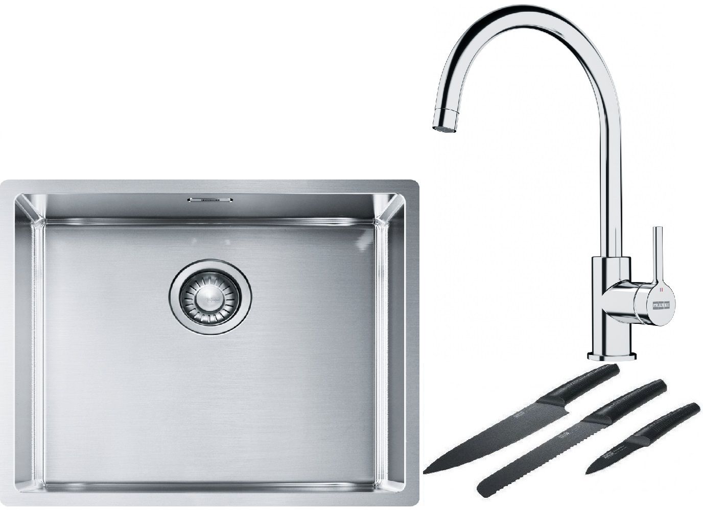Franke Box BXX 110-50/BXX 210-50 zlewozmywak 54x45 cm stalowy z baterią kuchenną Lina chrom i zestawem noży kuchennych (1270453656, ...