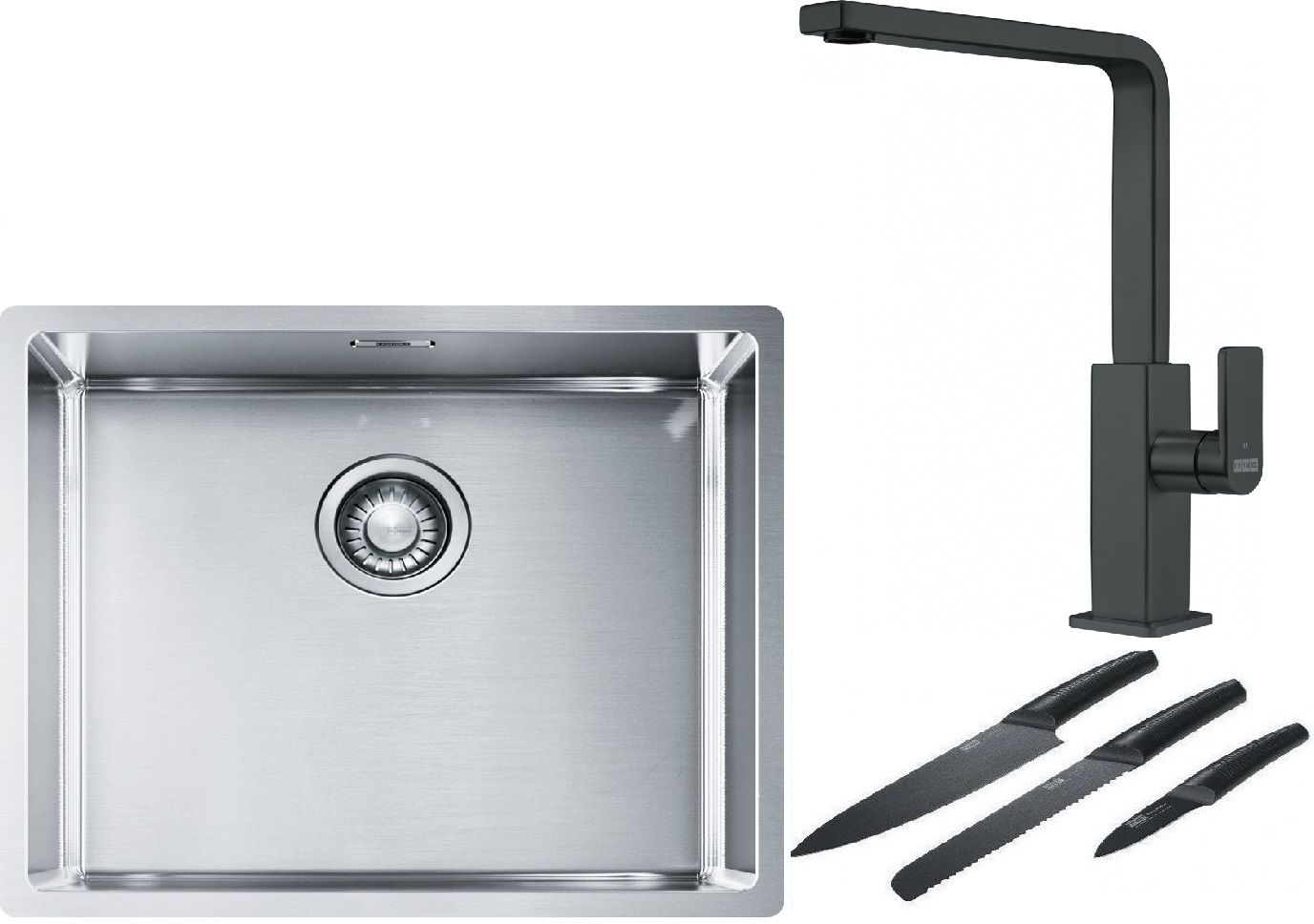 Franke Box BXX 110-50/BXX 210-50 zlewozmywak 54x45 cm stalowy z baterią kuchenną Mythos czarna stal szlachetna i zestawem noży ...