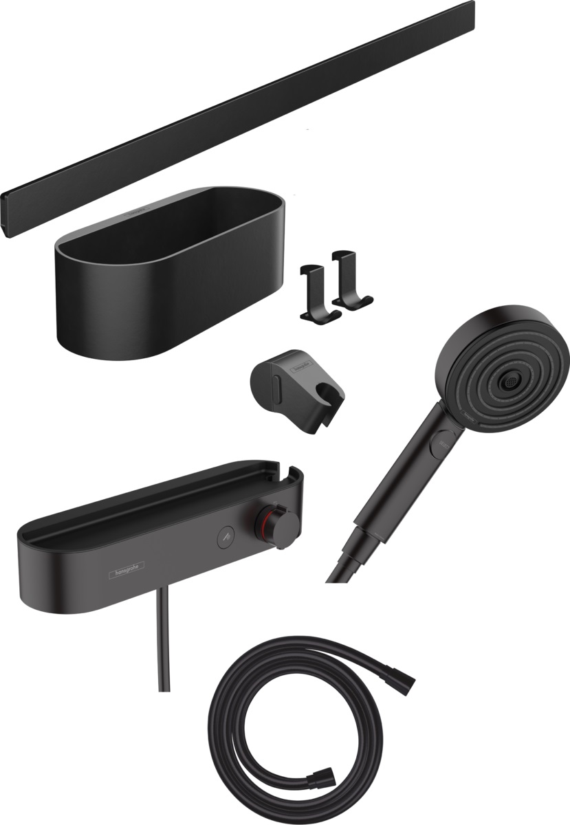 Hansgrohe WallStoris bateria prysznicowa termostatyczna z zestawem natryskowym i półką czarny mat 24250670
