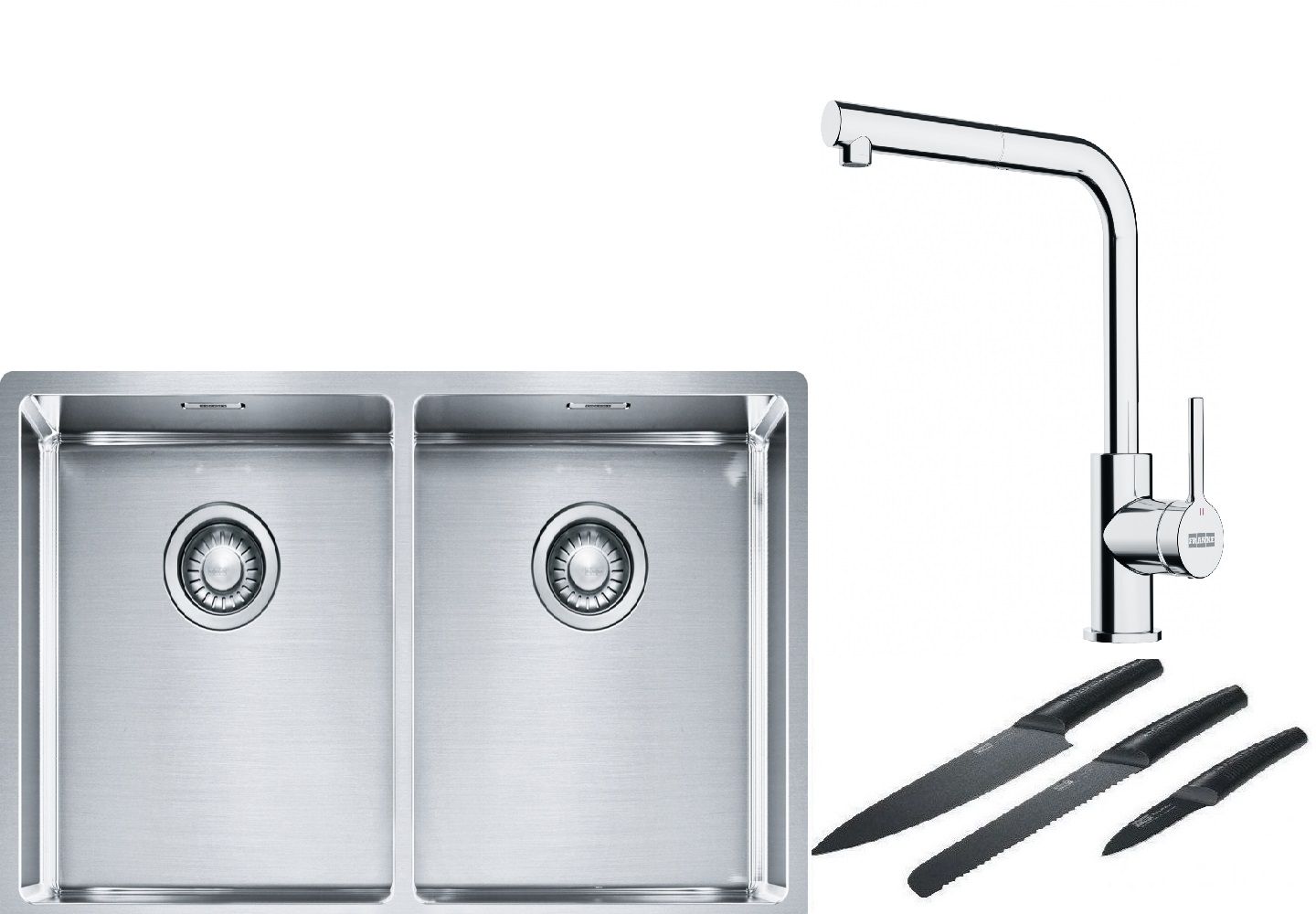 Franke Box BXX 220/120 34-34 zlewozmywak 74x45 cm stalowy z baterią kuchenną Lina chrom i zestawem noży kuchennych (1270370188, ...