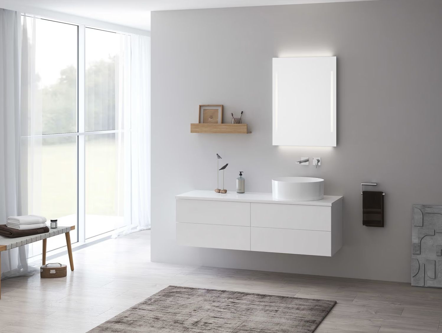 Kronenbach Cube szafka z blatem 141x48,7x44,5 cm podumywalkowa wisząca biały połysk KBWTKOWTL1414WH