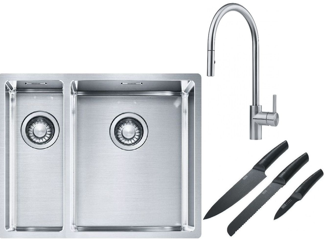 Franke Box BXX 260/160-34-16 zlewozmywak 56x45 cm stalowy z baterią kuchenną Eos stal szlachetna i zestawem noży kuchennych (1270369916, ... - Wysyłka