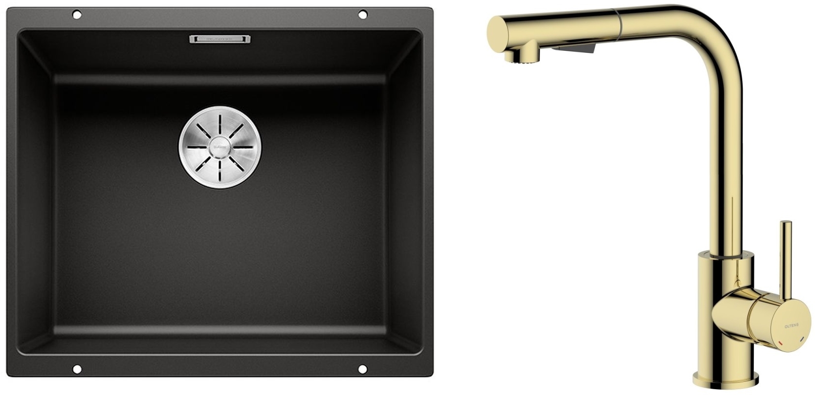 Zestaw Blanco Subline 500-U zlewozmywak granitowy 53x46 cm z baterią kuchenną Oltens Myvat czarny mat/złoty połysk (35205800, 525995) - Wysyłka w 24h