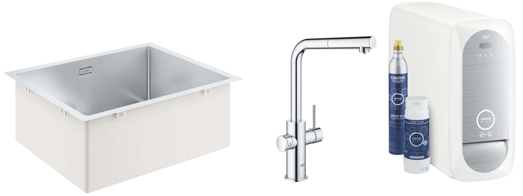 Zestaw Grohe K700 zlewozmywak 55x45 cm stal szlachetna z baterią kuchenną filtrującą Blue Home chrom (31726SD0, 31539000)