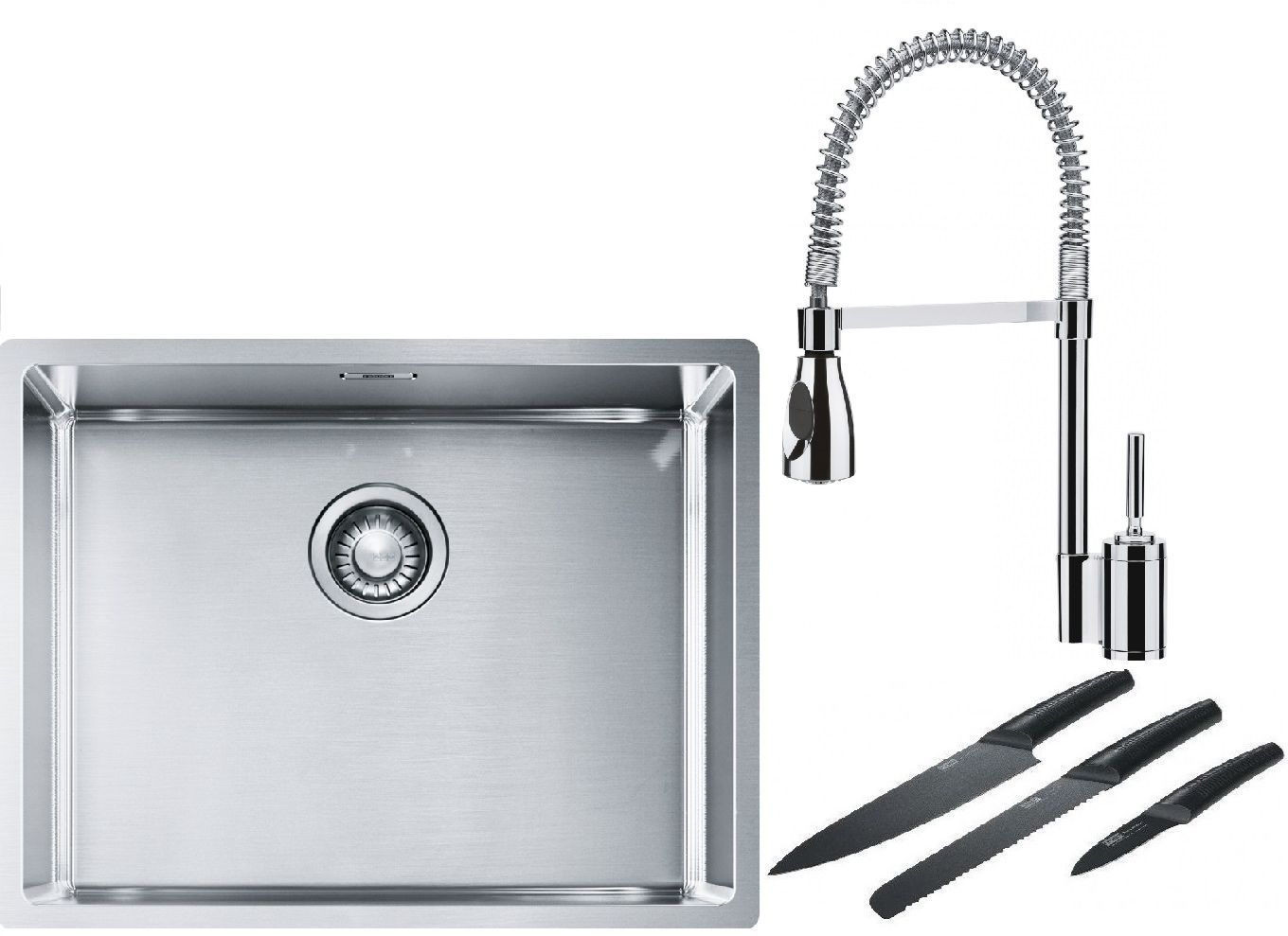 Franke Box BXX 110-54/ BXX 210-54 zlewozmywak 58x45 cm stalowy z baterią kuchenną Sentinel chrom i zestawem noży kuchennych (1270453660, ...