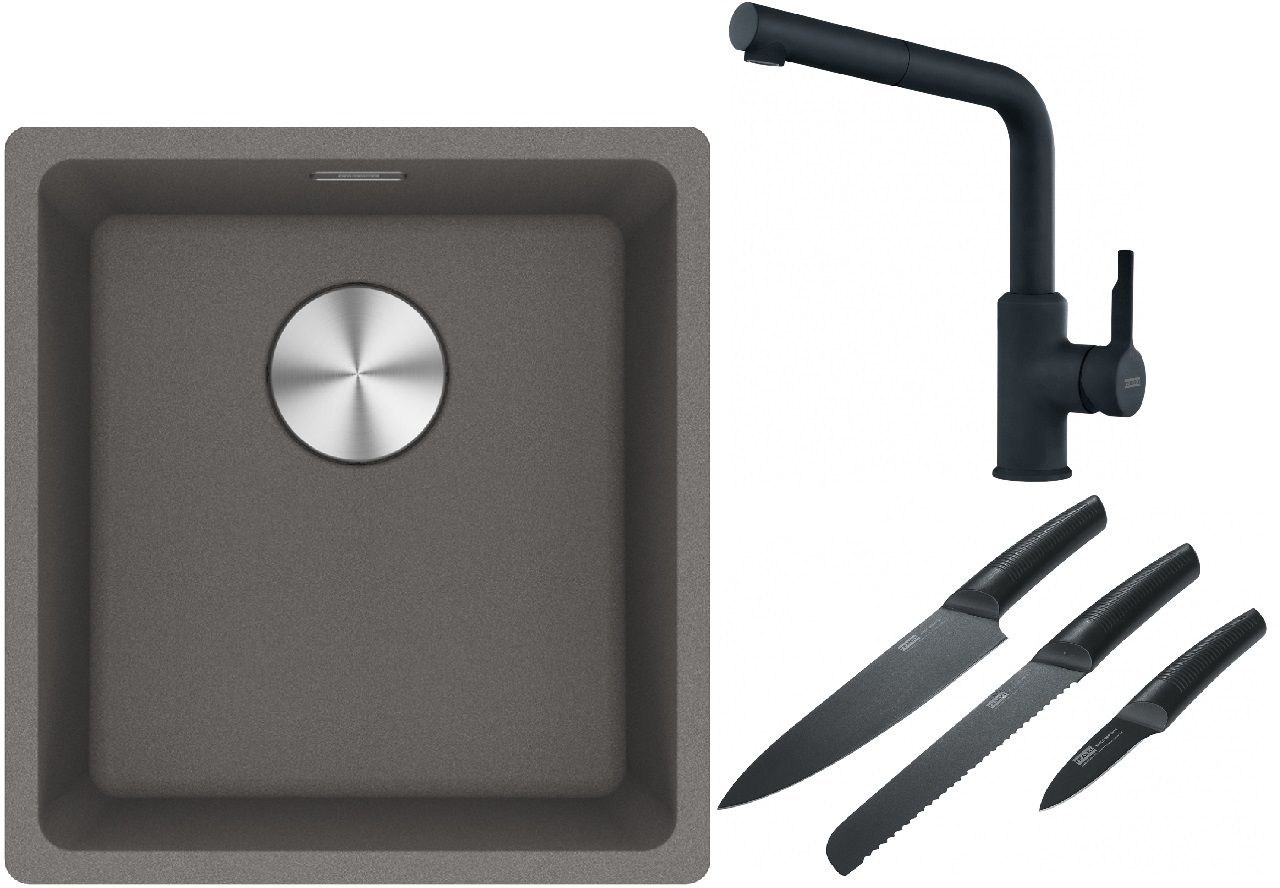 Franke Maris MRG 110-37 zlewozmywak 40x37 cm Fragranite kamienny szary z baterią kuchenną Urban czarny mat i zestawem noży kuchennych ...
