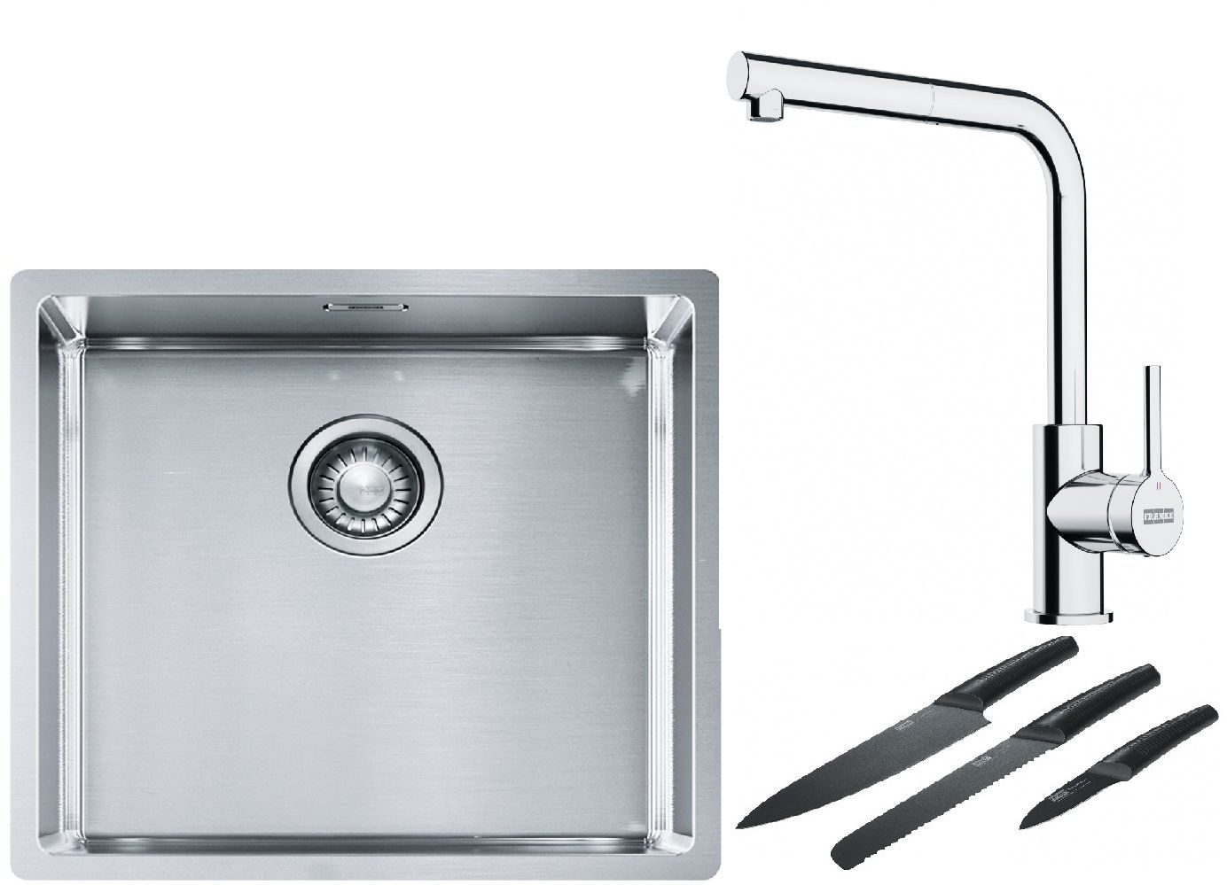 Franke Box BXX 210/110-45 zlewozmywak 49x45 cm stalowy z baterią kuchenną Lina chrom i zestawem noży kuchennych (1270453655, 1150712420, ...
