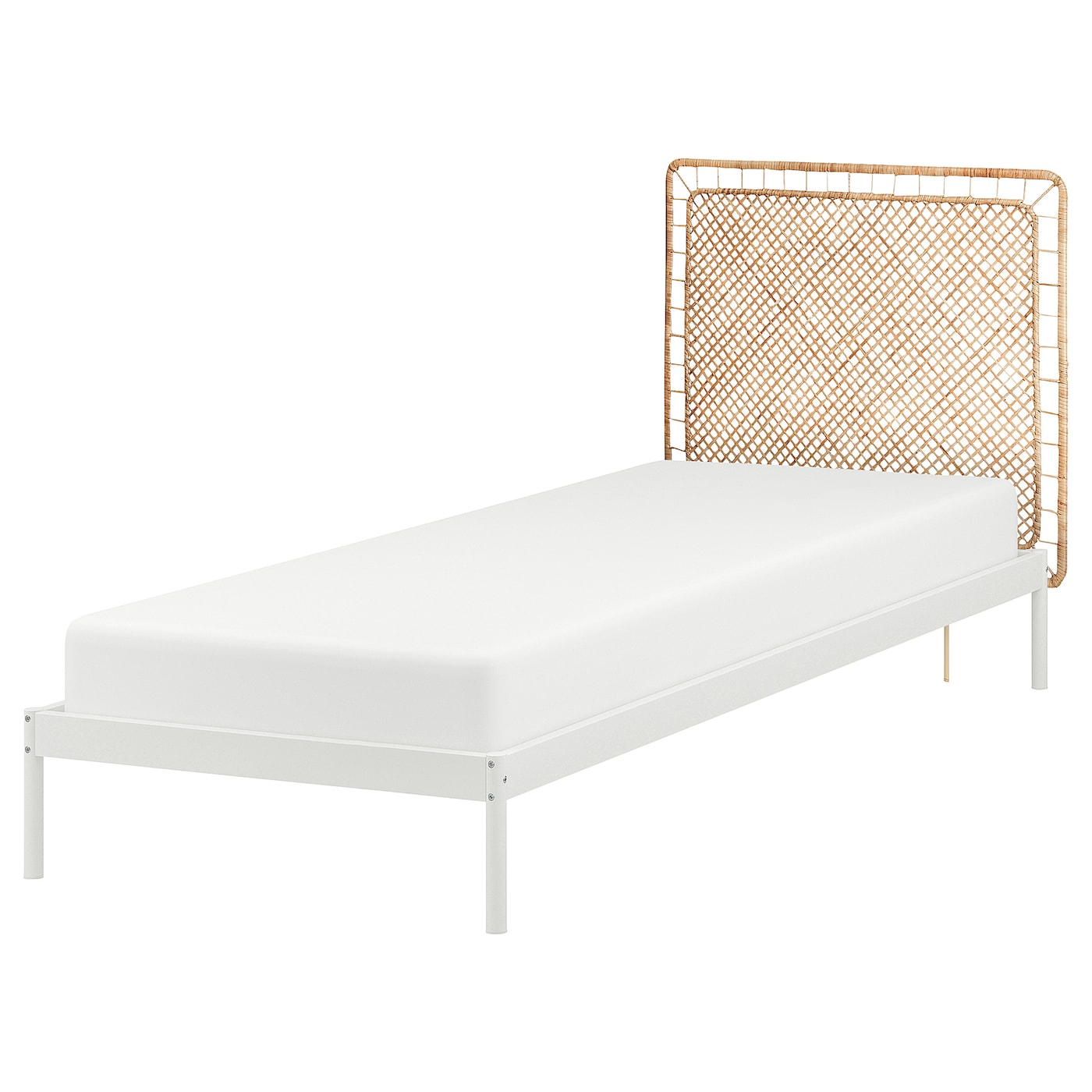 IKEA VEVELSTAD rama łóżka z 1 zagłówkiem, biały/Tolkning rattan, 90x200 cm