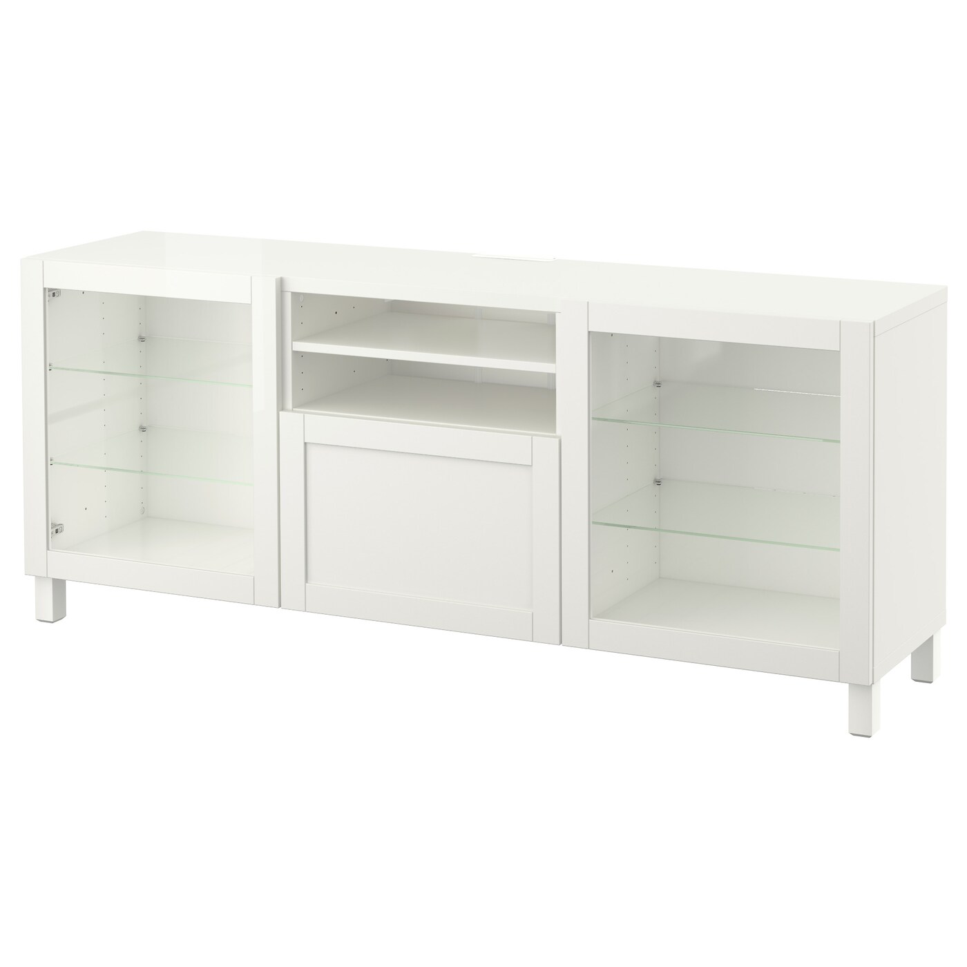 IKEA BESTÅ ława TV z szufladami, biały/Hanviken/Stubbarp białe szkło przezroczyste, 180x42x74 cm