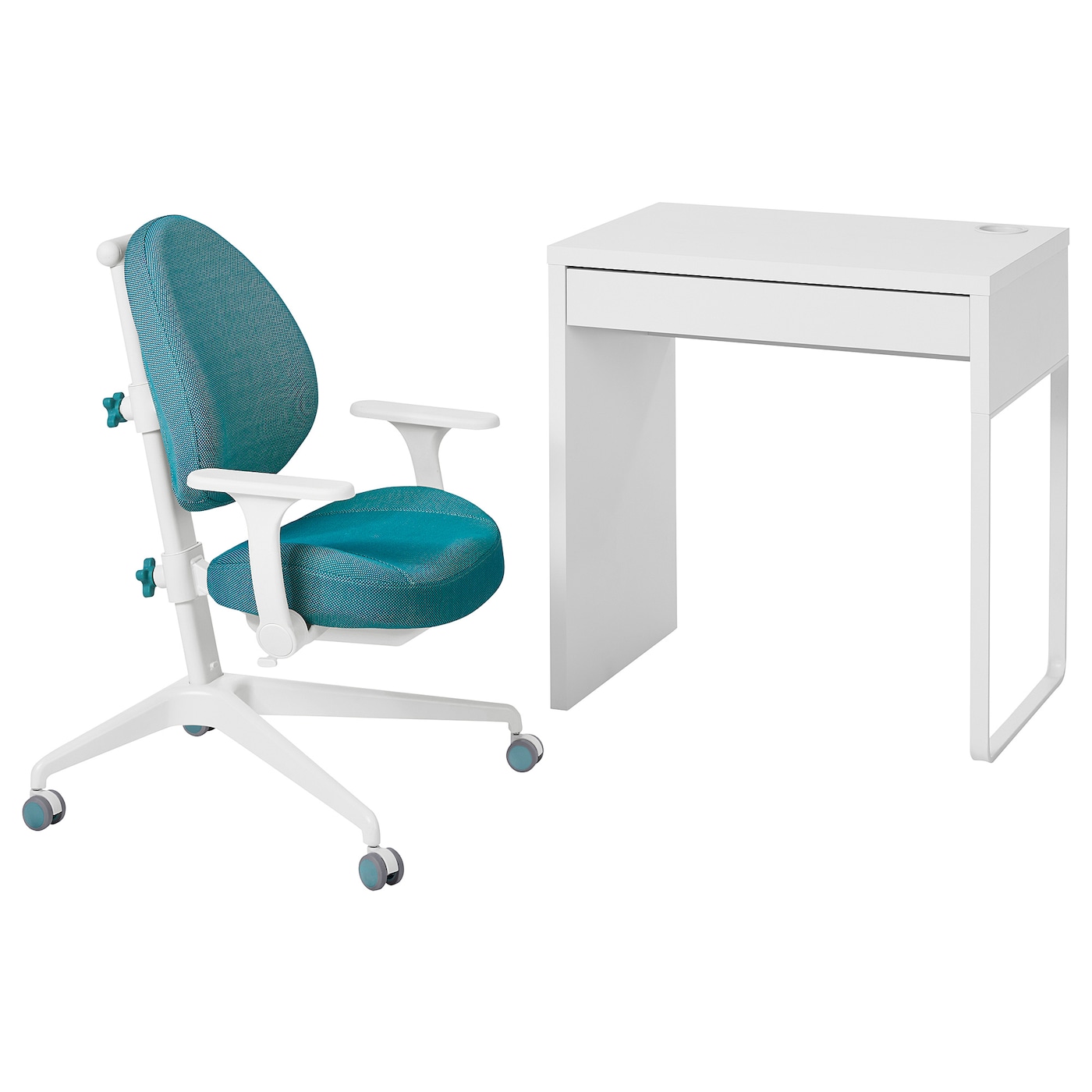 IKEA MICKE / GUNRIK biurko i krzesło, biały/turkusowy