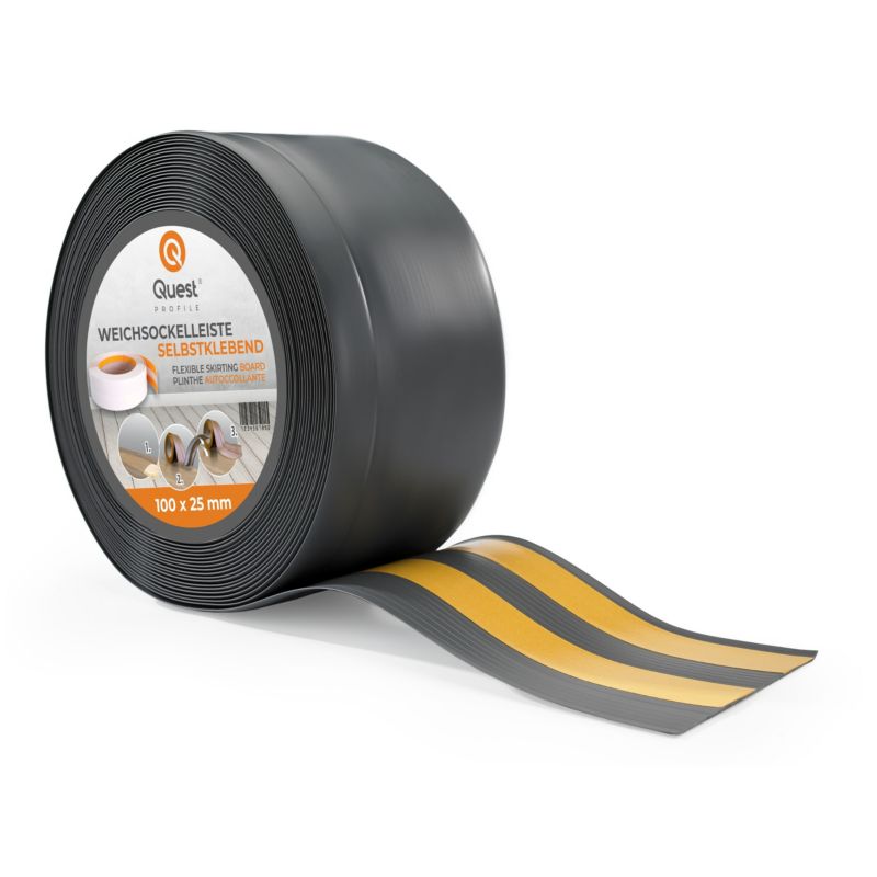 Listwa przypodłogowa PCV 100x25mm, QUEST, samoprzylepna elastyczna, miękka listwa podłogowa, cokołowa, ciemnoszary, 15m
