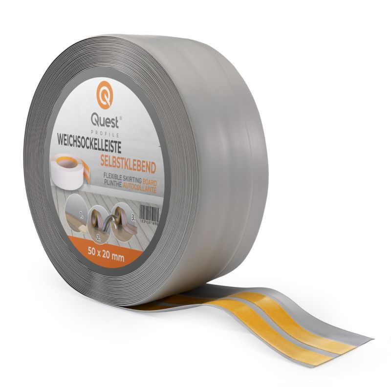 Listwa przypodłogowa PCV 50x20mm, QUEST, samoprzylepna elastyczna, miękka listwa podłogowa, cokołowa, szary, 25m