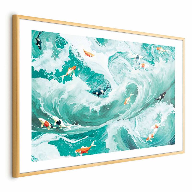 Plakat Artgeist Ryby i fale 60x40 cm z ramą złotą 1 szt