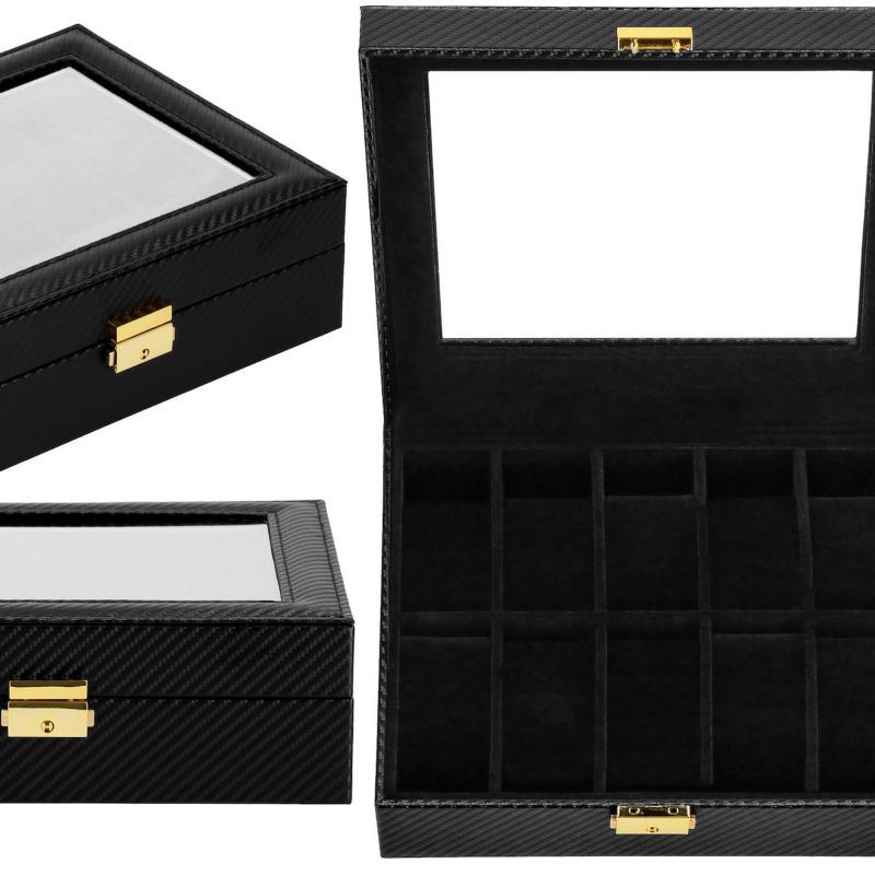 Szkatułka na zegarki Springos 25x20x8 cm czarna z ekoskóry organizer z 10 przegródkami 1 szt.
