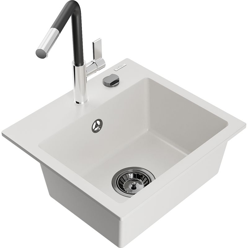 Zlewozmywak granitowy 1-komorowy Mexen Milo z baterią kuchenną Flora biały 6505-20-670401-07-B