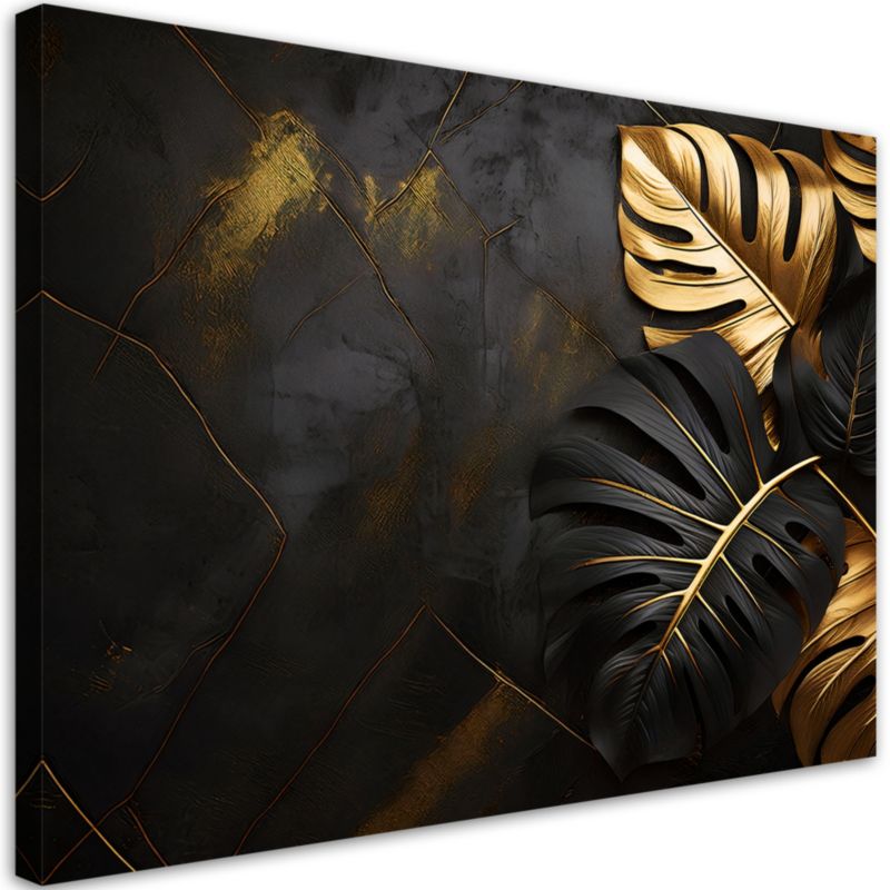 Obraz do salonu sypialni Feeby Liście Monstery Złoto Czarne Tło 100x70 cm 1szt