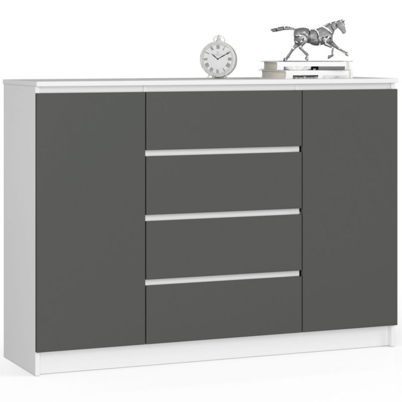 Komoda Akord K140 Biała 138 cm 2 drzwi 4 szuflady kolor Grafit Szary mat 4 półki 138x40x99 cm 1 szt.