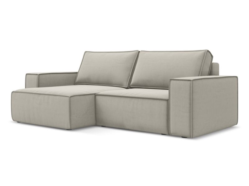 Narożnik lewostronny z funkcją spania Makamii Kimo z weluru 257x148 cm perłowy 1 szt.