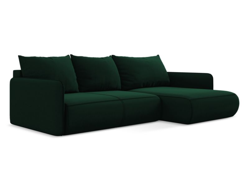 Narożnik prawostronny z funkcją spania Makamii Nanea z weluru 240x148 cm butelkowa zieleń 1 szt.